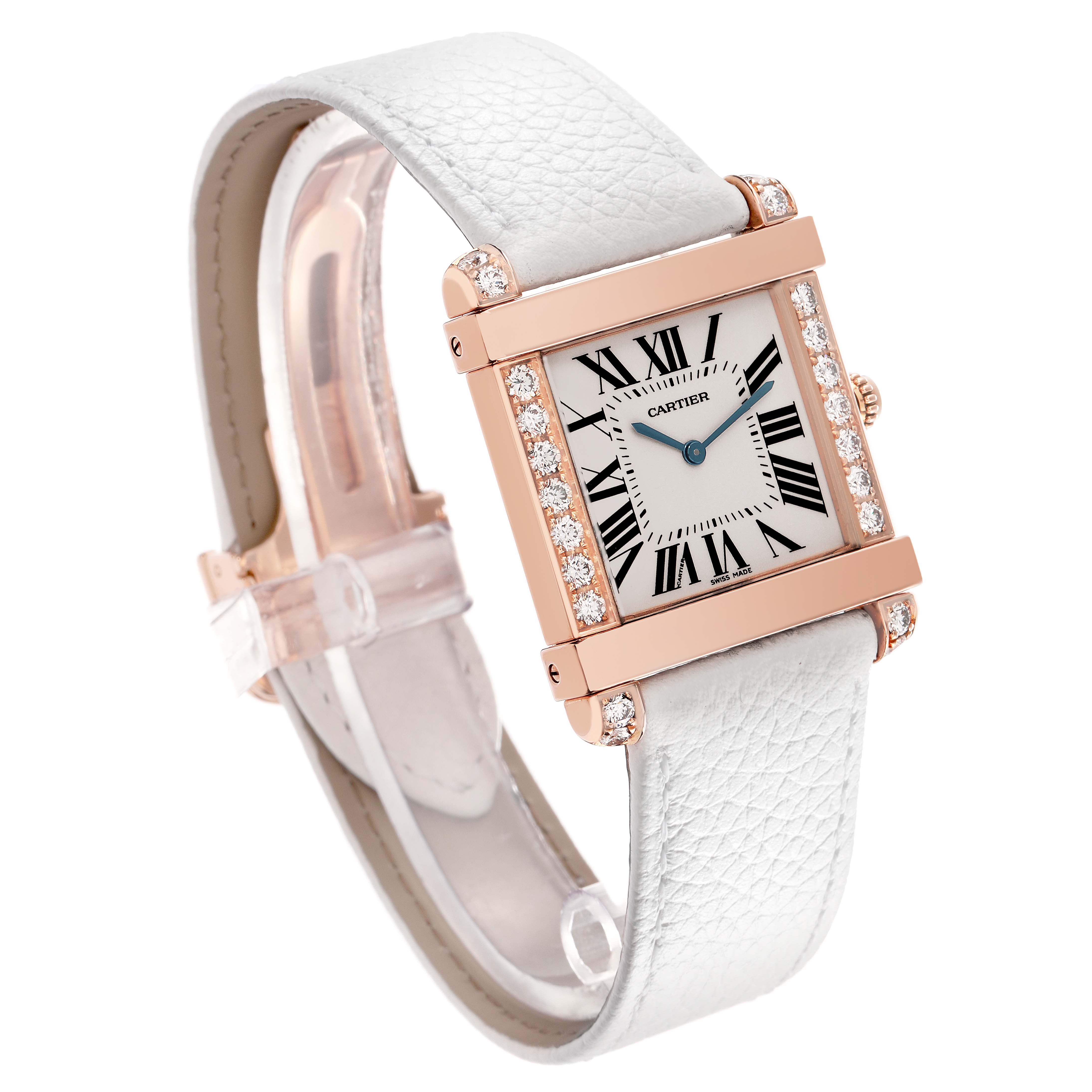 The Cartier Tank Louis WE300351 Women
s Rose Gold Silver Dial WE300351 Women
s Rose Gold Silver Dial watch is angled to show the face, side, and white leather strap, highlighting the diamond-encrusted case.
