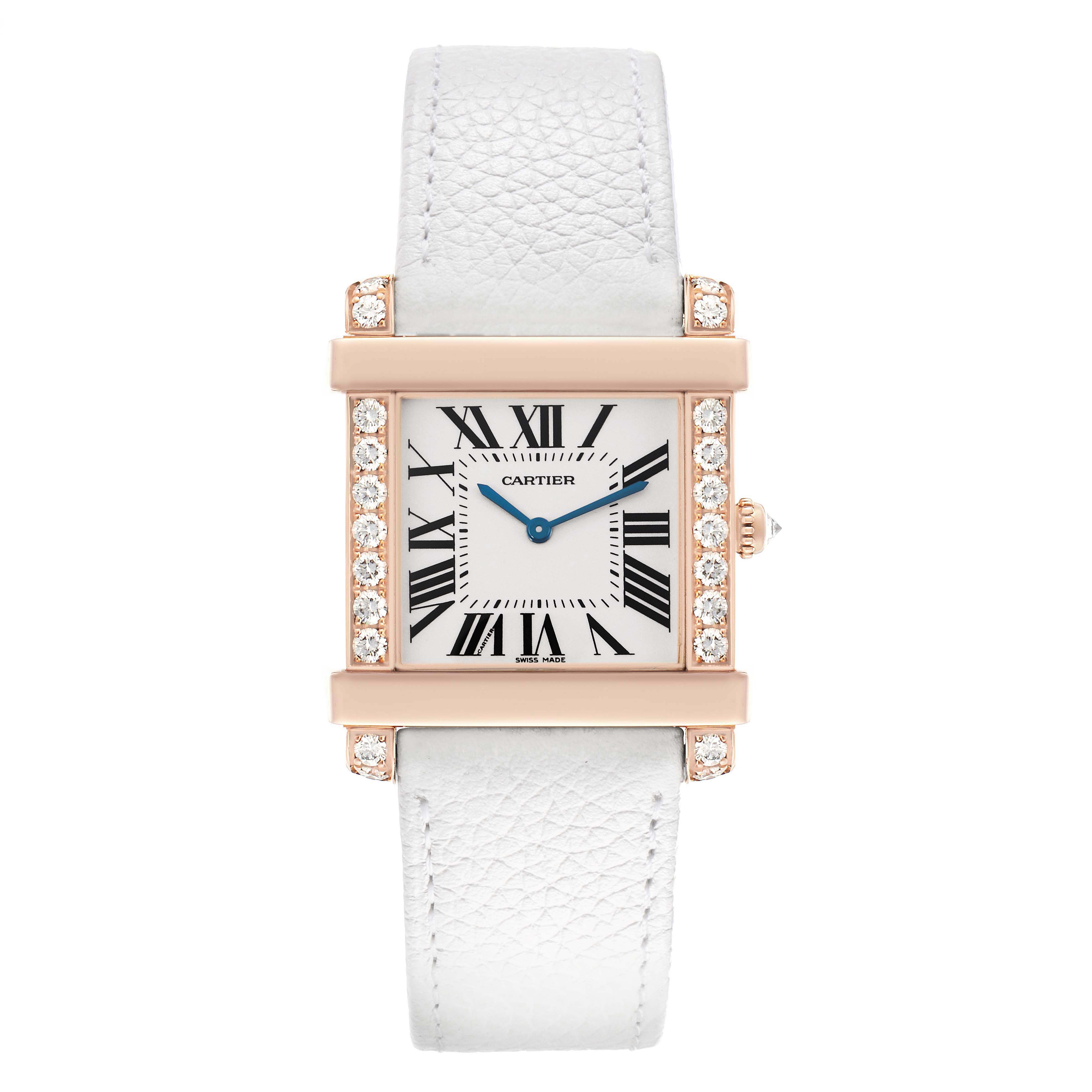 The Cartier Tank Louis WE300351 Women's Rose Gold Silver Dial watch is shown from a front view, highlighting its rectangular face and diamond accents.