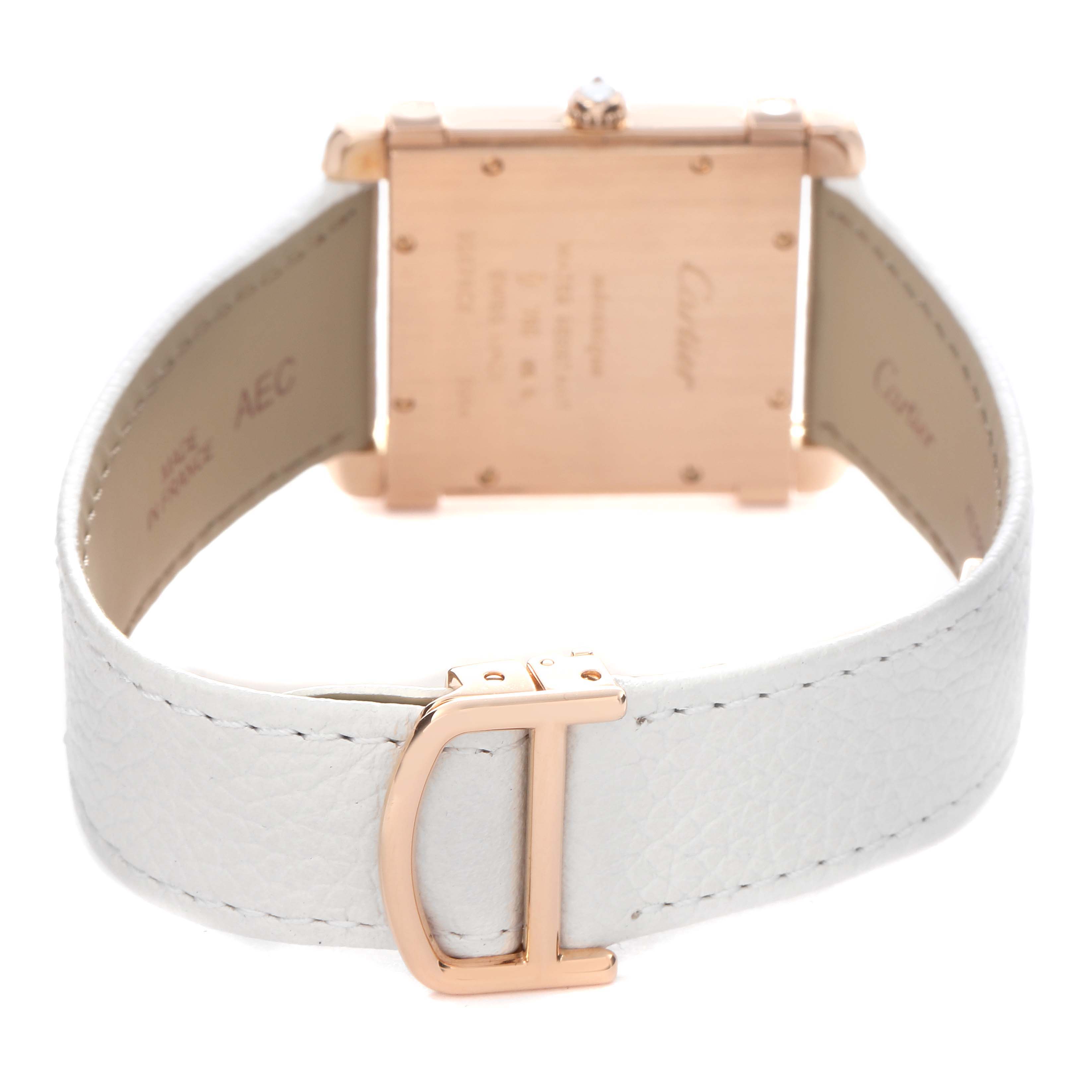 The image shows the back of a Cartier Tank Louis WE300351 Women
s Rose Gold Silver Dial WE300351 Women
s Rose Gold Silver Dial watch, highlighting its case back and white leather strap with a rose gold buckle.