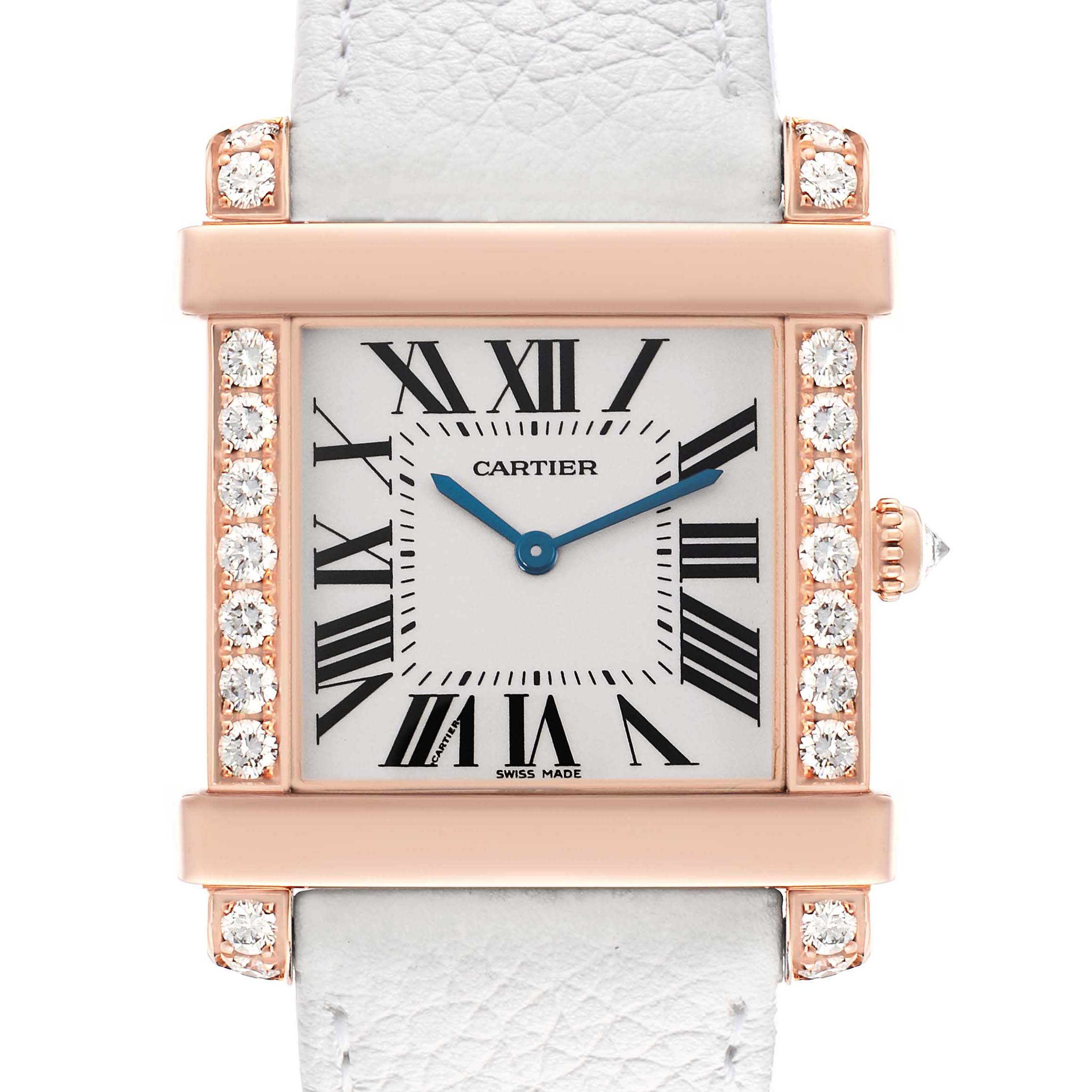 The Cartier Tank Louis WE300351 Women
s Rose Gold Silver Dial WE300351 Women
s Rose Gold Silver Dial watch is shown from the front, highlighting its rectangular face, Roman numerals, and diamond accents.