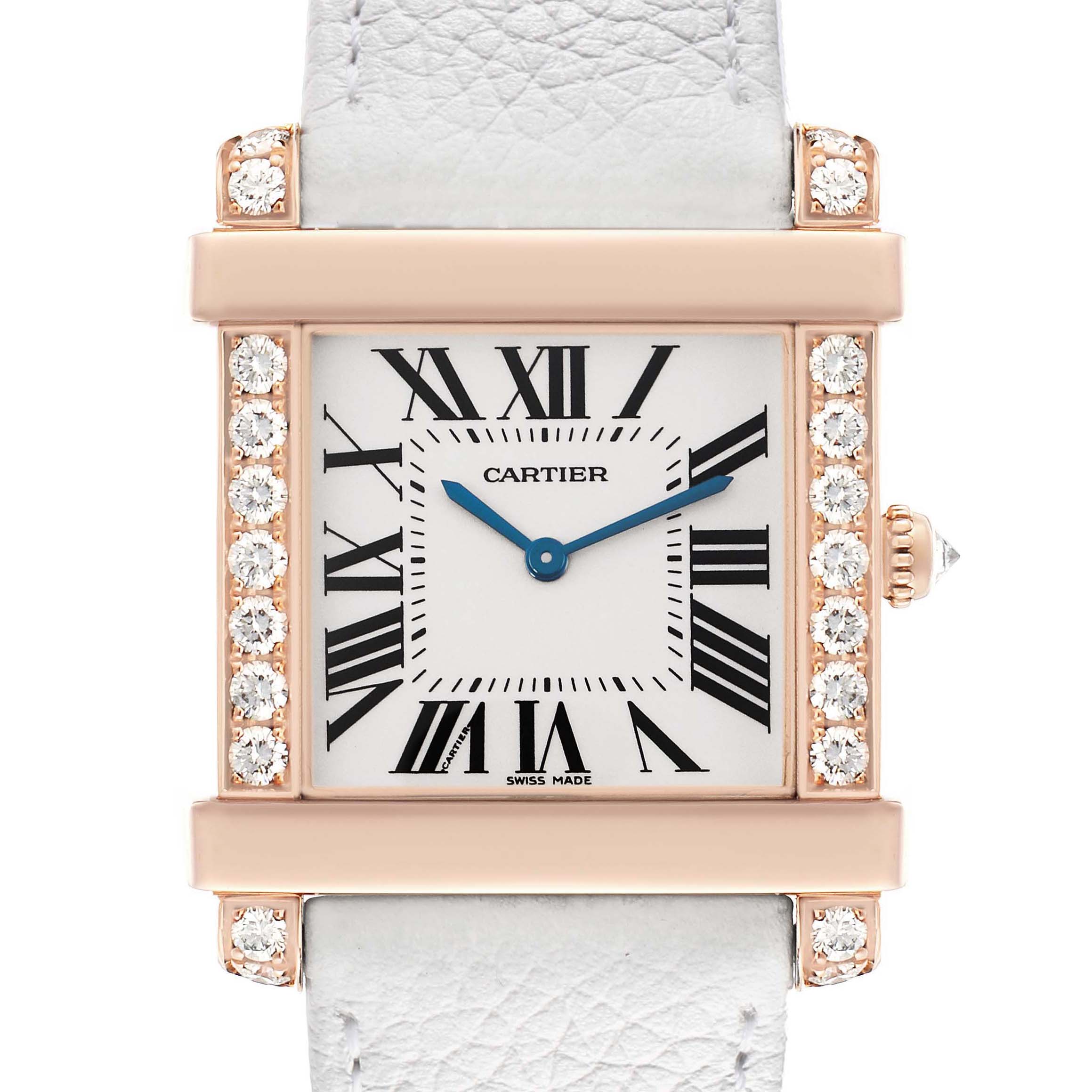 The Cartier Tank Louis WE300351 Women's Rose Gold Silver Dial watch is shown from the front, highlighting the face, Roman numerals, and diamond-accented bezel.