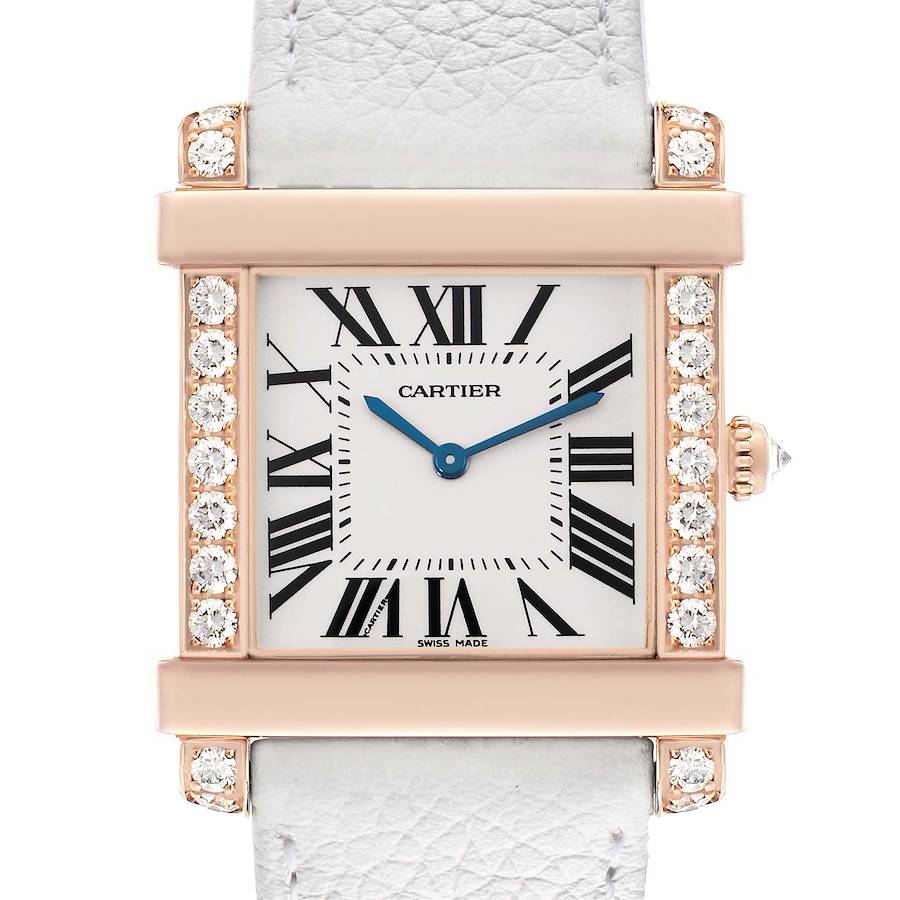 The Cartier Tank Louis WE300351 Women's Rose Gold Silver Dial watch is shown from the front, highlighting the face, Roman numerals, and diamond-accented bezel.