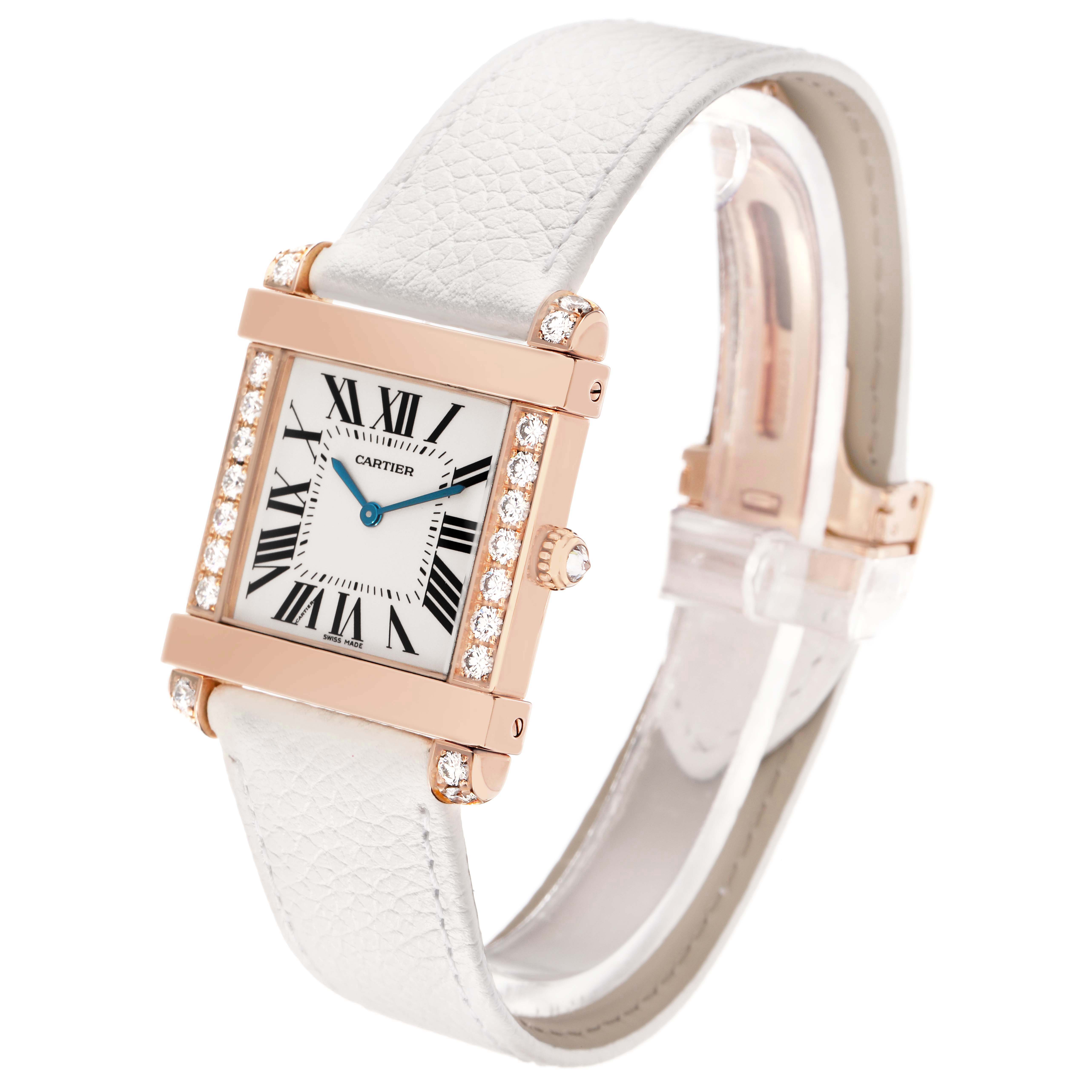 The Cartier Tank Louis WE300351 Women's Rose Gold Silver Dial watch is shown at a three-quarter angle, highlighting its face, leather strap, and diamond-encrusted bezel.