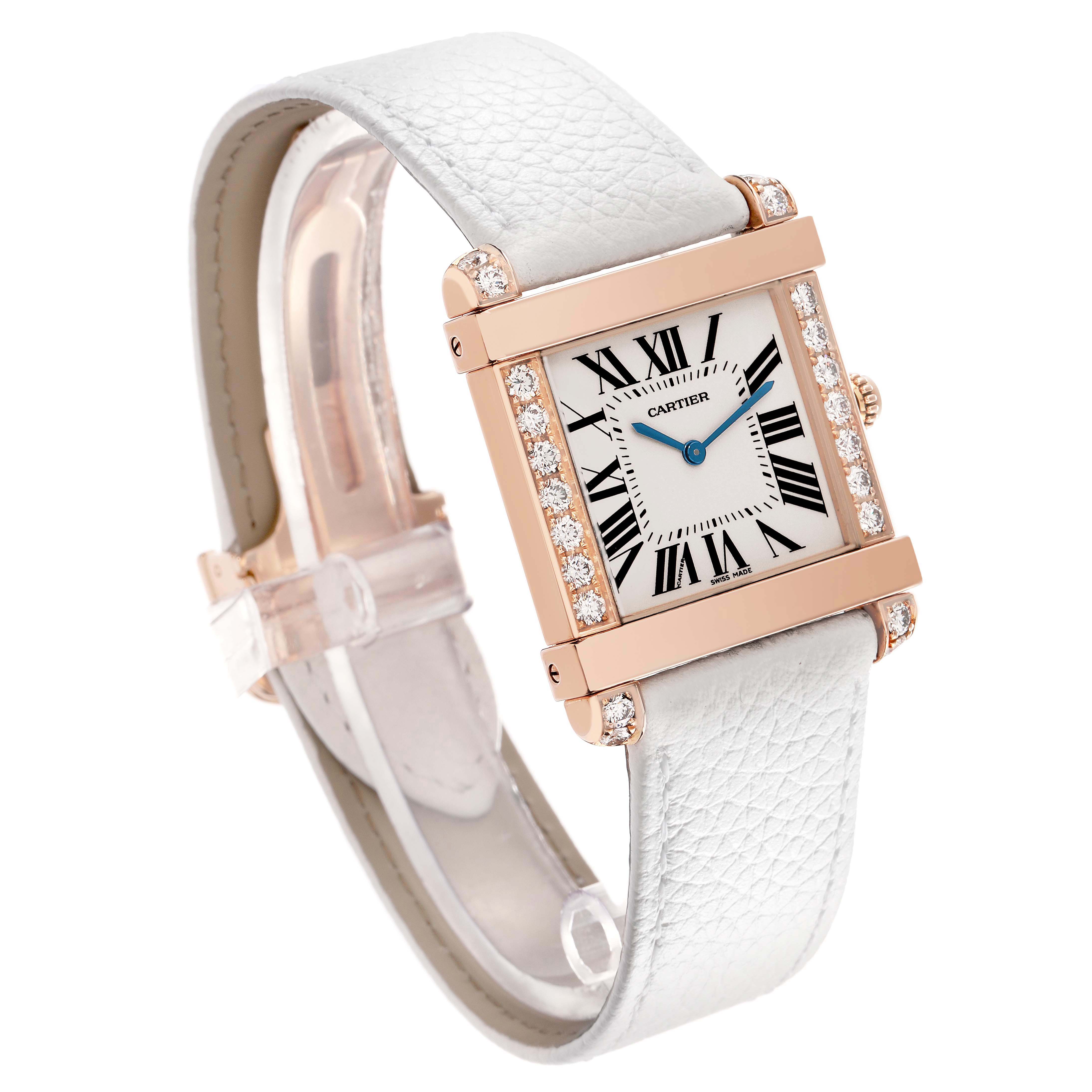 The Cartier Tank Louis WE300351 Women's Rose Gold Silver Dial watch is shown at an angle highlighting the dial, rose gold case with diamonds, and white leather strap.