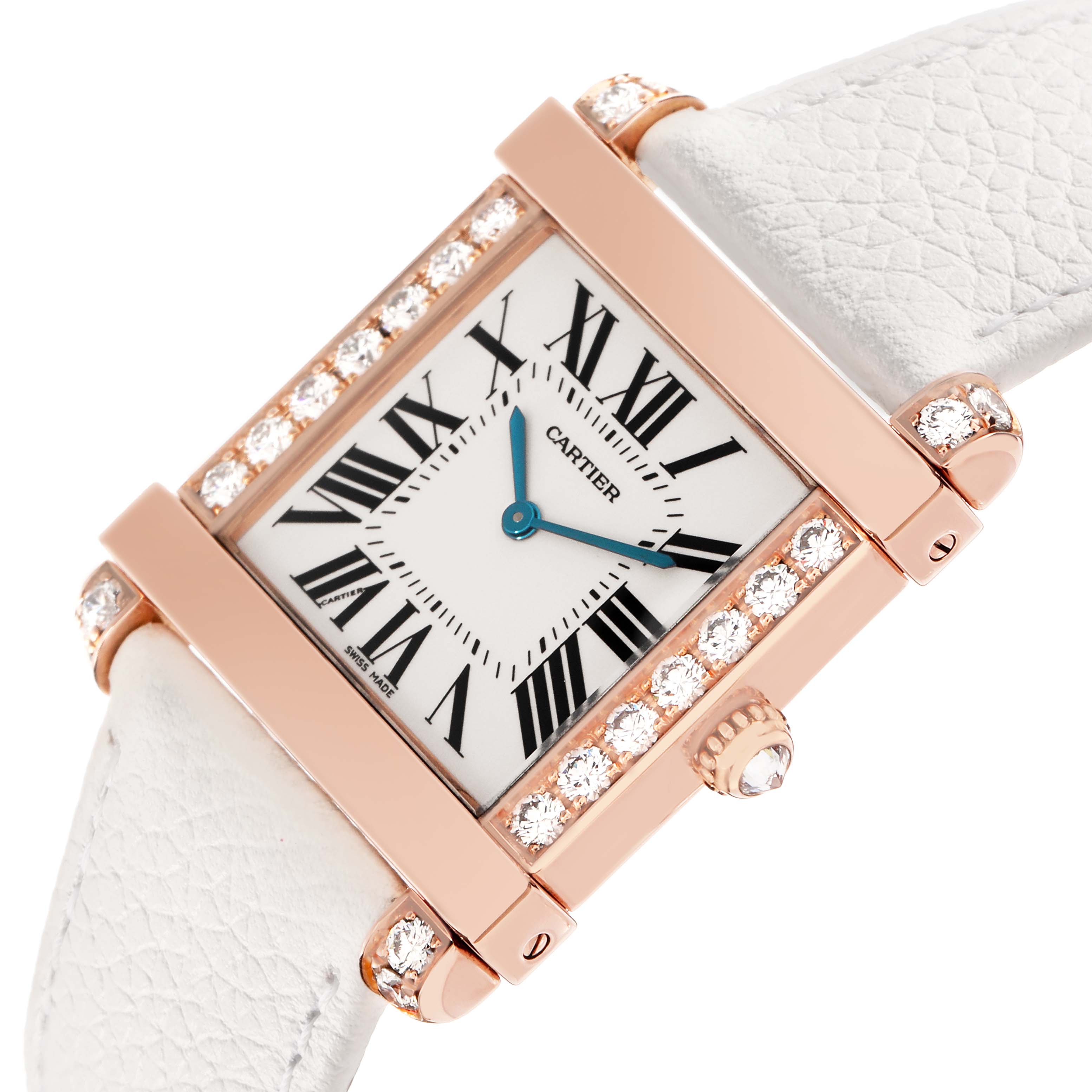 The Cartier Tank Louis WE300351 Women
s Rose Gold Silver Dial WE300351 Women
s Rose Gold Silver Dial watch is shown from an angled top view, highlighting its diamond-studded bezel, dial, and crown.