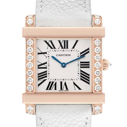 The Cartier Tank Louis WE300351 Women's Rose Gold Silver Dial model is shown from the front, highlighting the face, diamond-set case, and a portion of the strap.