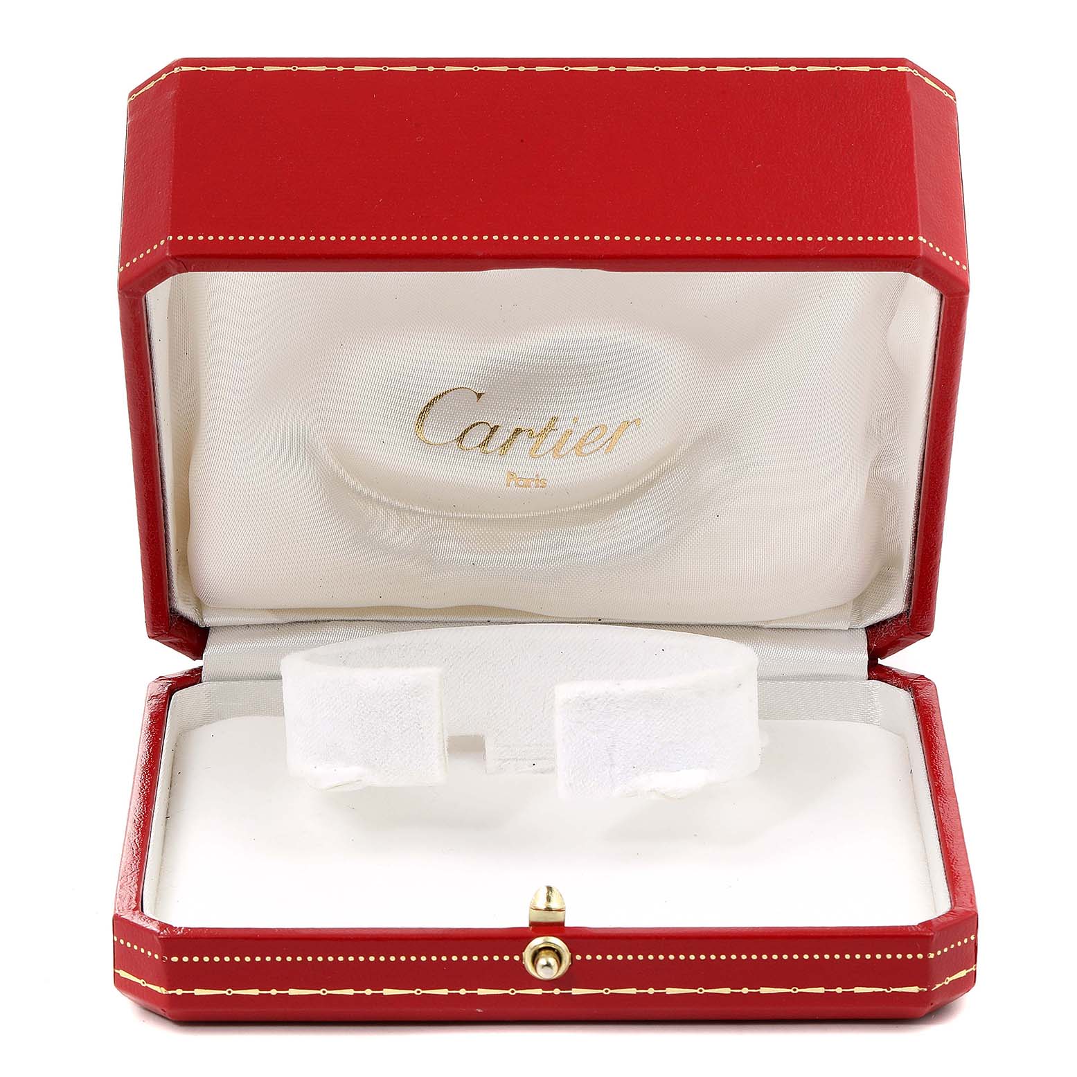 This image shows the open red and white Cartier case for a Tank Francaise model watch.