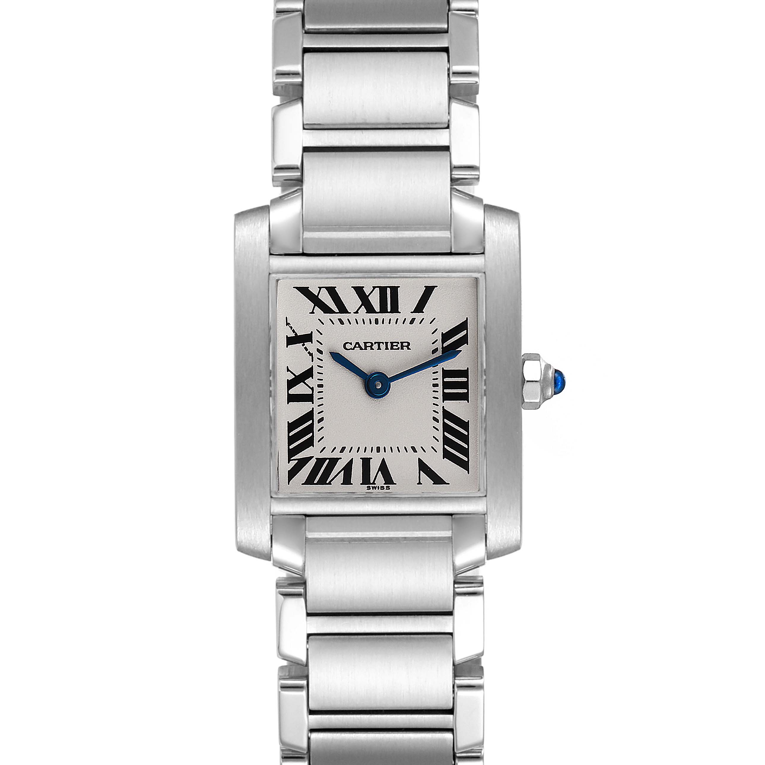 This is a straight-on view of the Cartier Tank Francaise W51008Q3 Women's Stainless Steel Silver Dial W51008Q3 Women's Stainless Steel Silver Dial watch, displaying the face, bracelet, and crown.