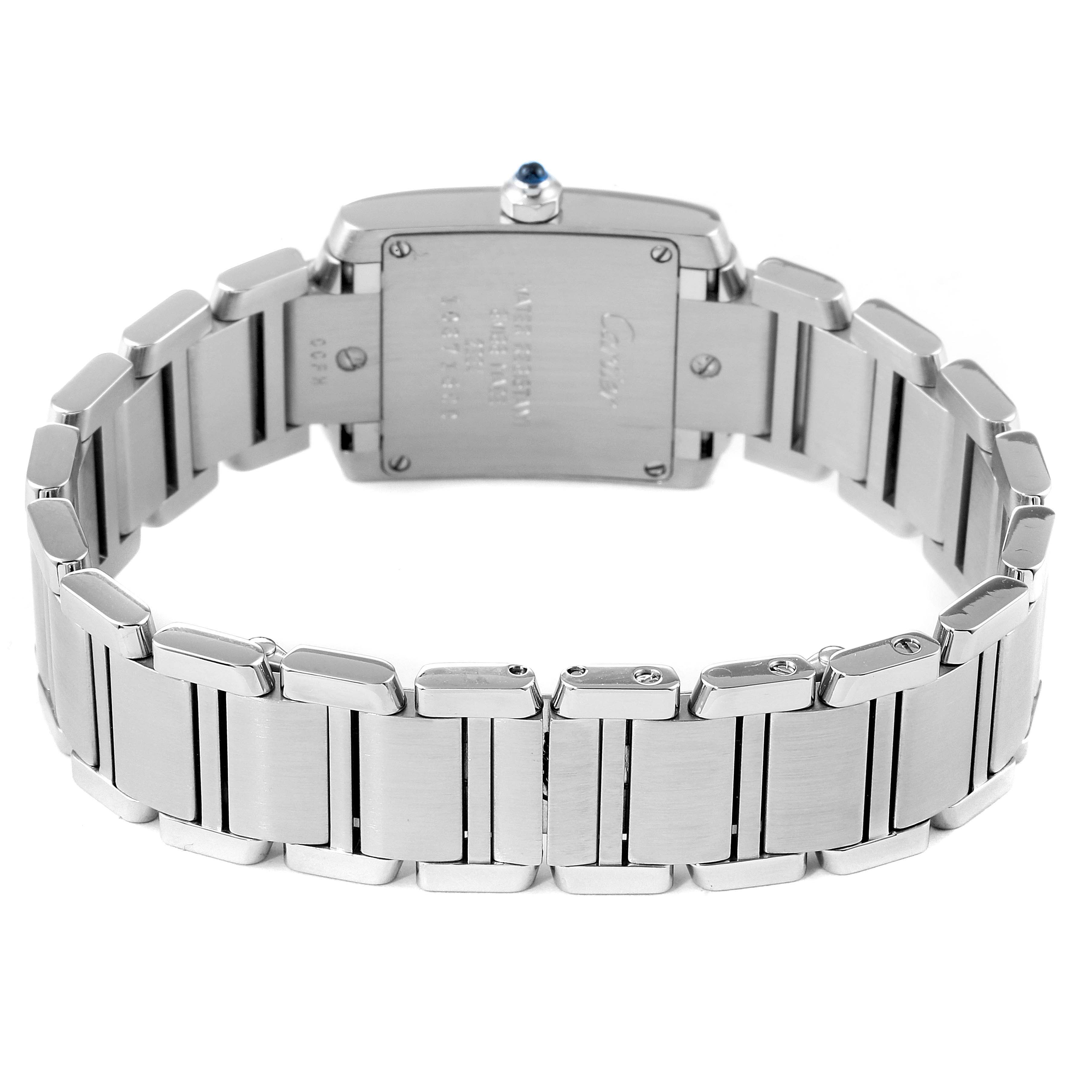 The image shows the back case and stainless-steel bracelet of the Cartier Tank Francaise W51008Q3 Women's Stainless Steel Silver Dial W51008Q3 Women's Stainless Steel Silver Dial watch from a rear angle.