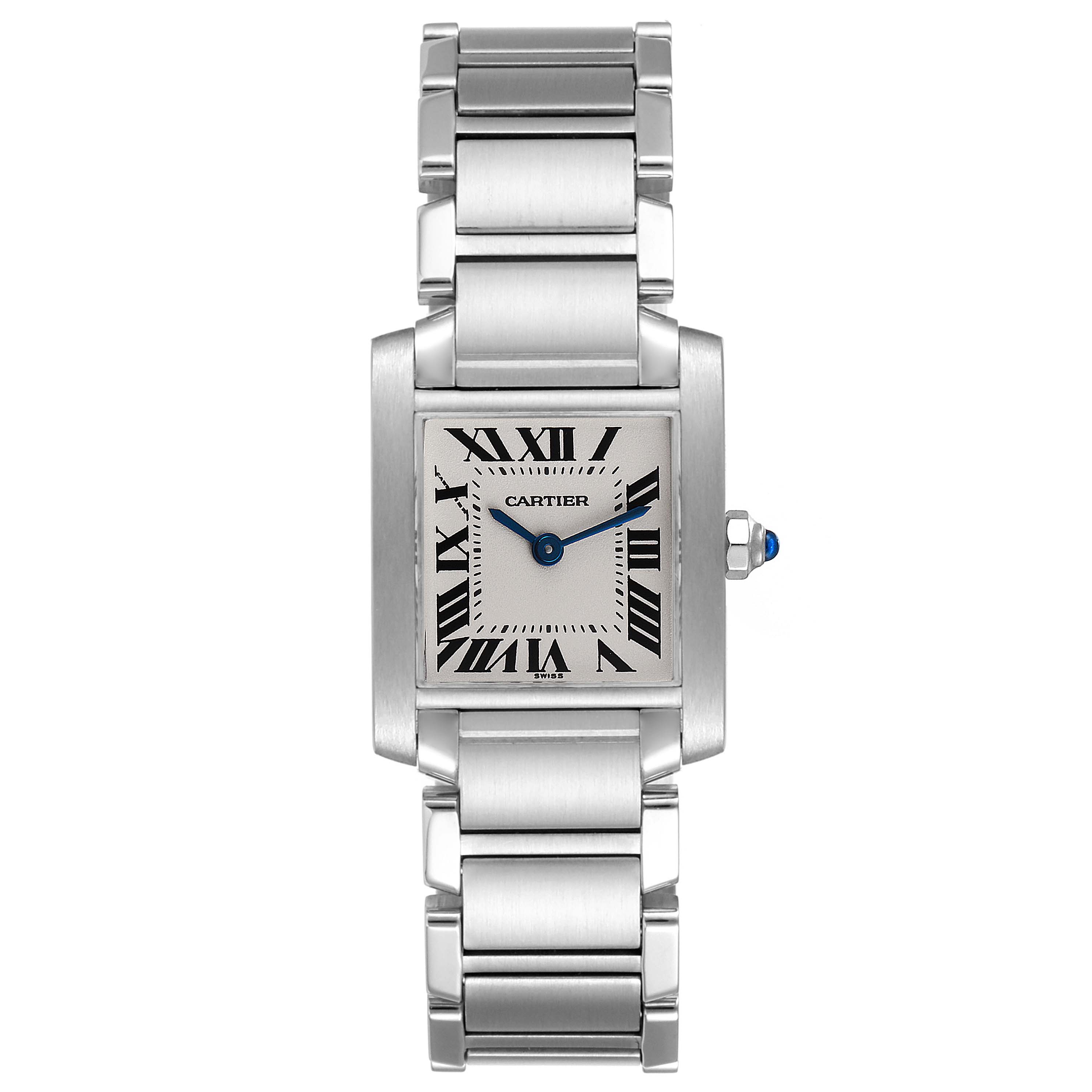 The image shows a Cartier Tank Francaise W51008Q3 Women's Stainless Steel Silver Dial W51008Q3 Women's Stainless Steel Silver Dial watch from a top-down angle, displaying the face, bracelet, and crown.