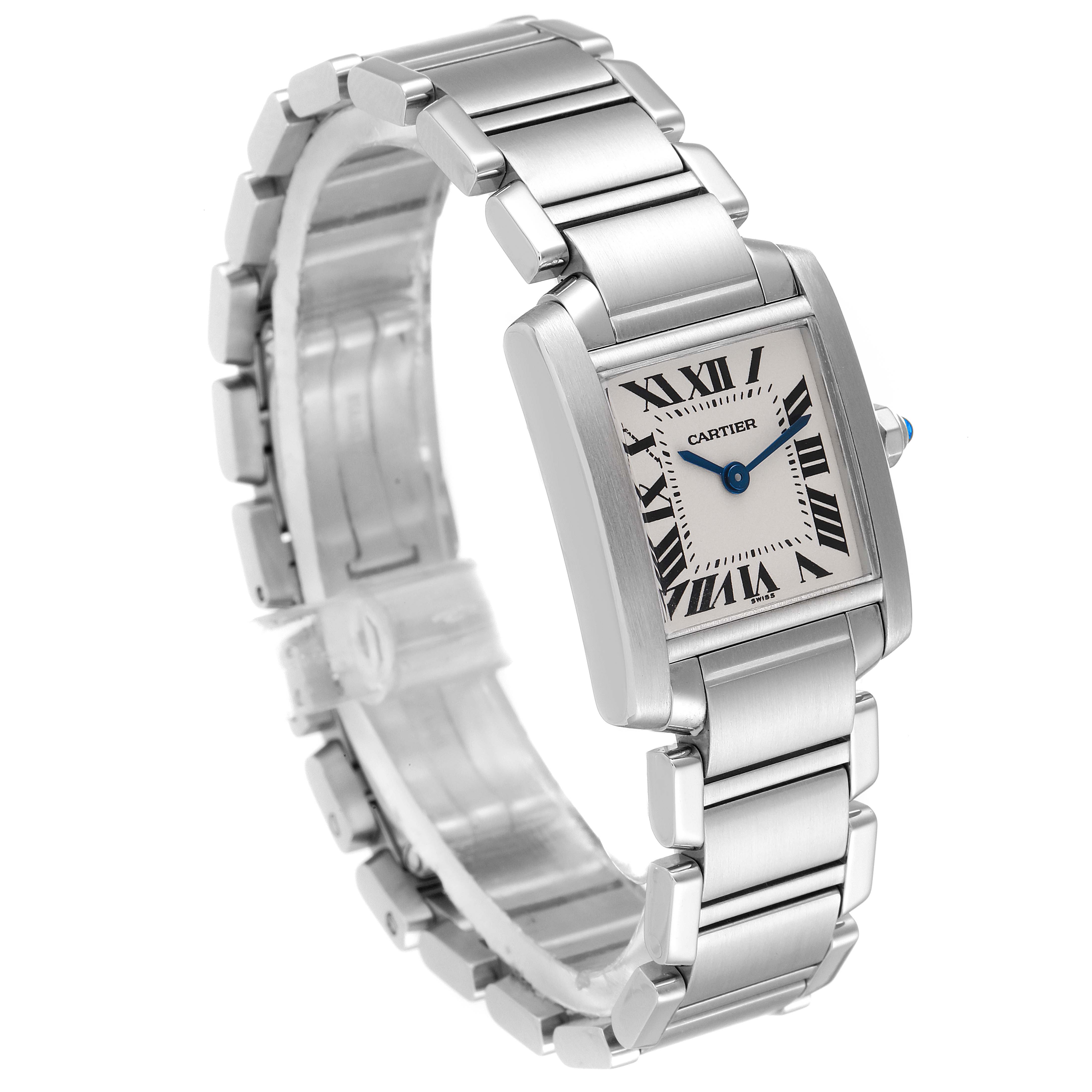 The Cartier Tank Francaise W51008Q3 Women's Stainless Steel Silver Dial W51008Q3 Women's Stainless Steel Silver Dial watch is shown at a 3/4 angle, highlighting its dial, bracelet, and side profile.