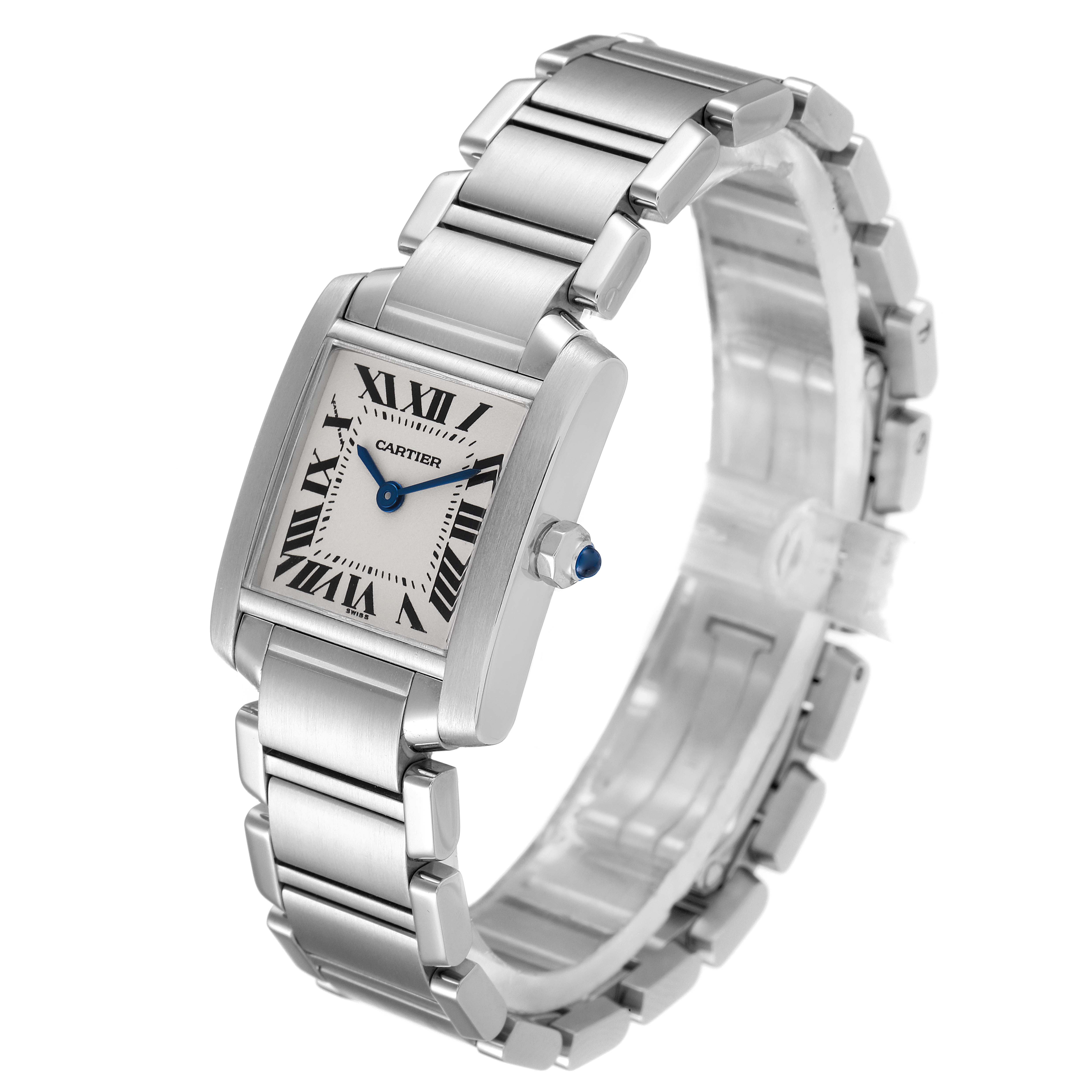 The image shows a Cartier Tank Francaise W51008Q3 Women's Stainless Steel Silver Dial W51008Q3 Women's Stainless Steel Silver Dial watch at a three-quarter angle, highlighting its rectangular face and metal bracelet.