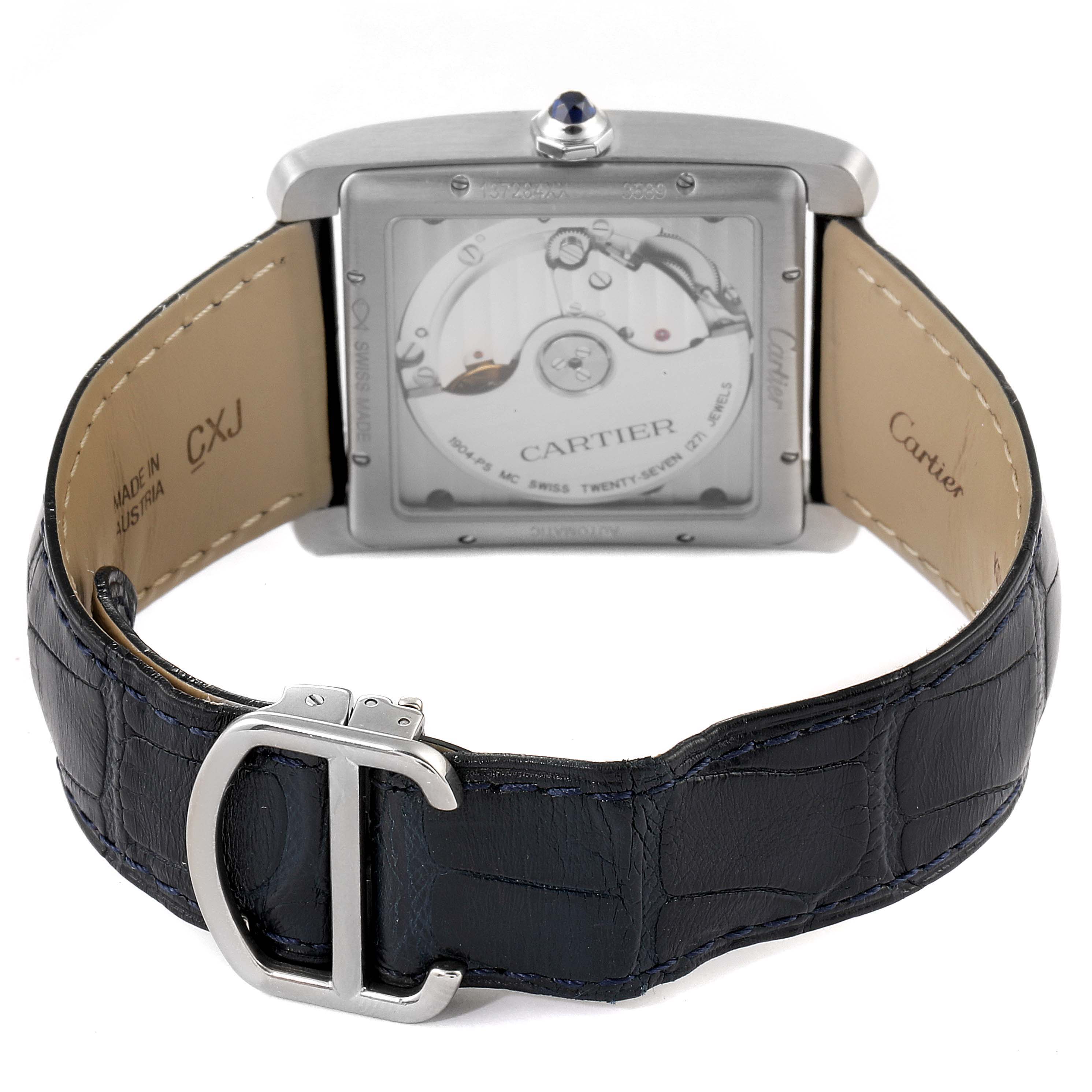 The image shows the back angle of the Cartier Tank MC WSTA0010 Men's Stainless Steel Blue Dial WSTA0010 Men's Stainless Steel Blue Dial watch, highlighting the transparent case back and leather strap with a visible buckle.