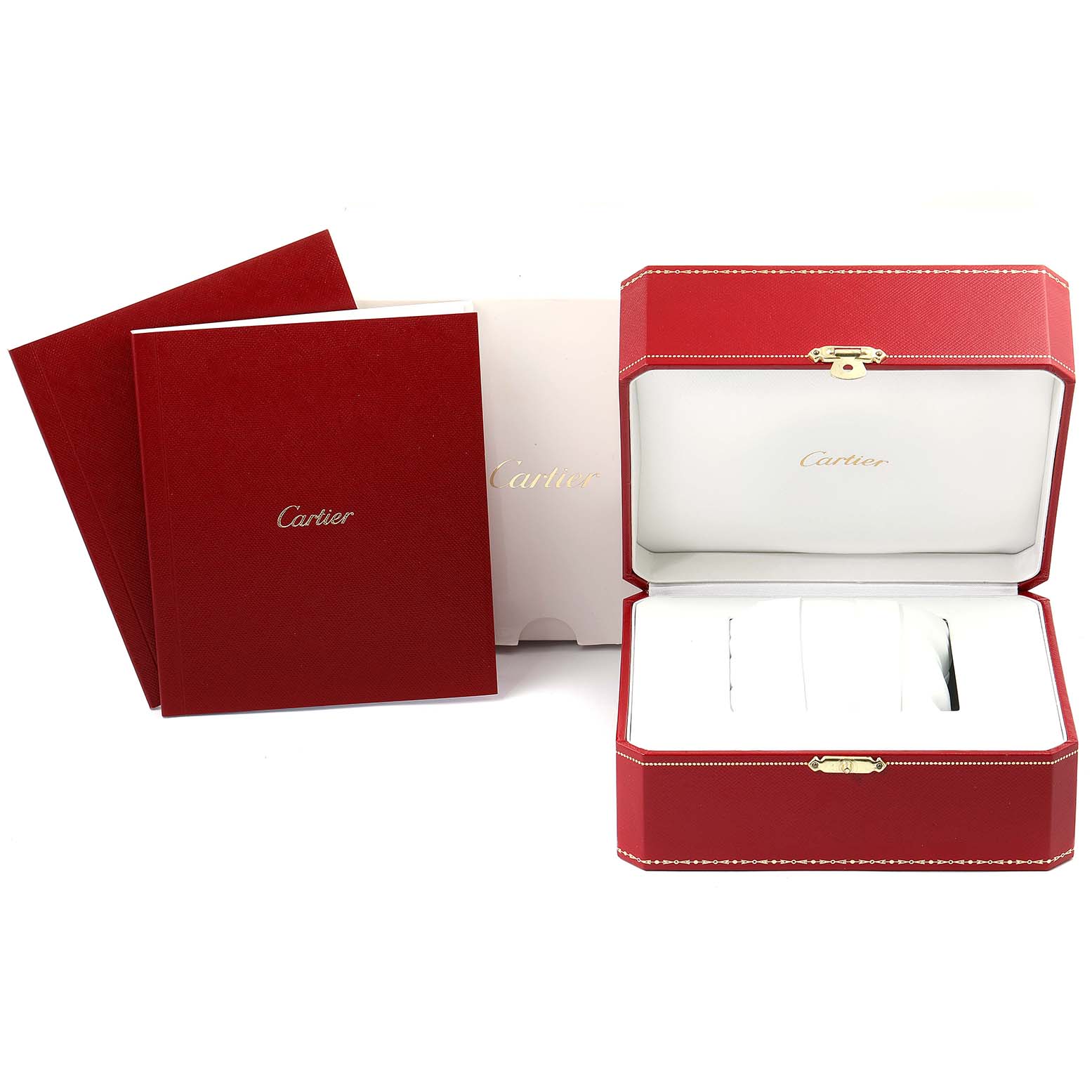 This image shows the packaging and accessories for a Cartier Tank MC WSTA0010 Men's Stainless Steel Blue Dial WSTA0010 Men's Stainless Steel Blue Dial watch, including the watch box and documentation.