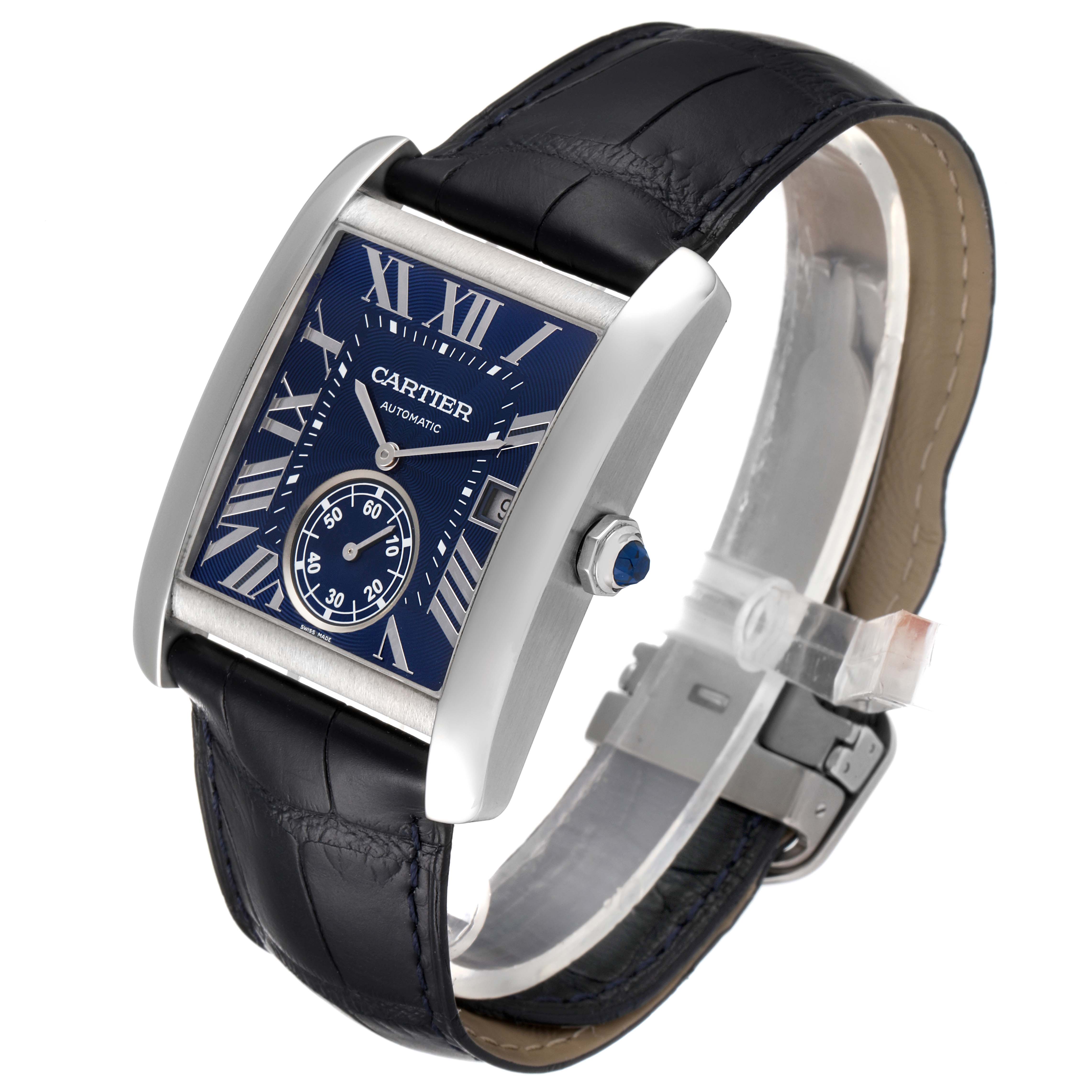 The image shows a Cartier Tank MC WSTA0010 Men's Stainless Steel Blue Dial WSTA0010 Men's Stainless Steel Blue Dial watch at a slight angle, showcasing the face, crown, and leather strap in detail.