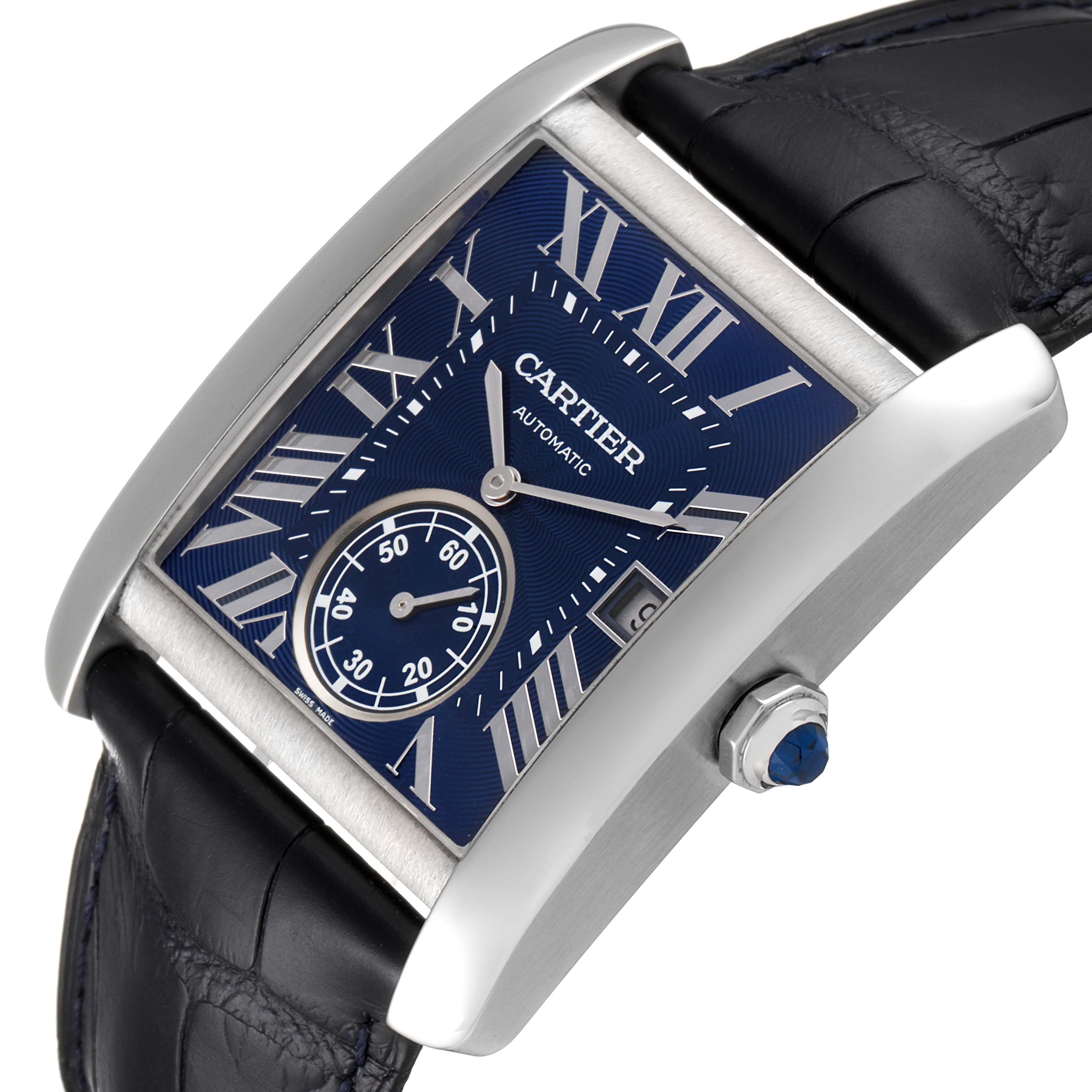 The image shows a Cartier Tank MC WSTA0010 Men's Stainless Steel Blue Dial WSTA0010 Men's Stainless Steel Blue Dial watch at a slight angle, highlighting the blue dial, Roman numerals, and black leather strap.