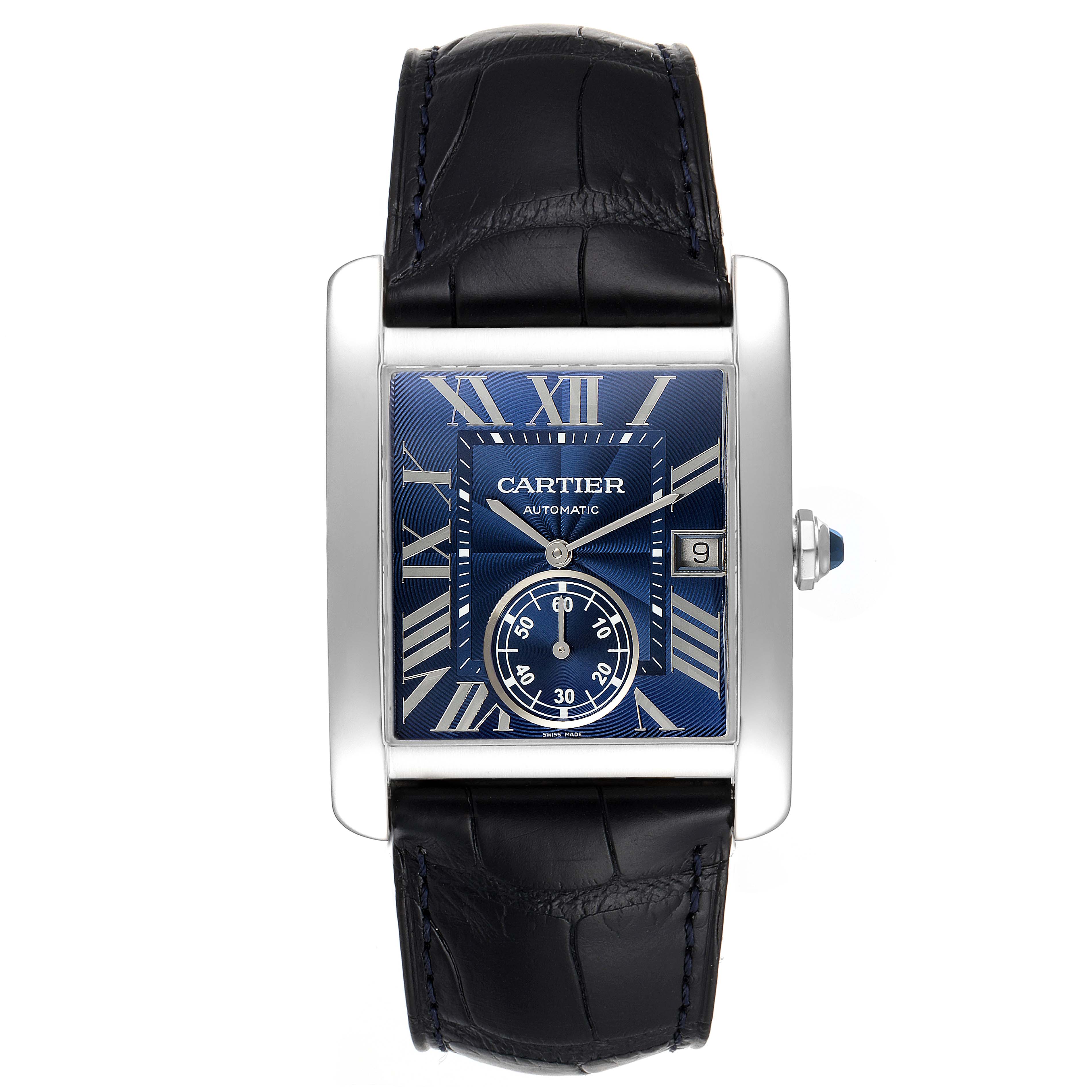 The image shows a front view of the Cartier Tank MC WSTA0010 Men's Stainless Steel Blue Dial WSTA0010 Men's Stainless Steel Blue Dial watch, displaying its dial, leather strap, and crown.