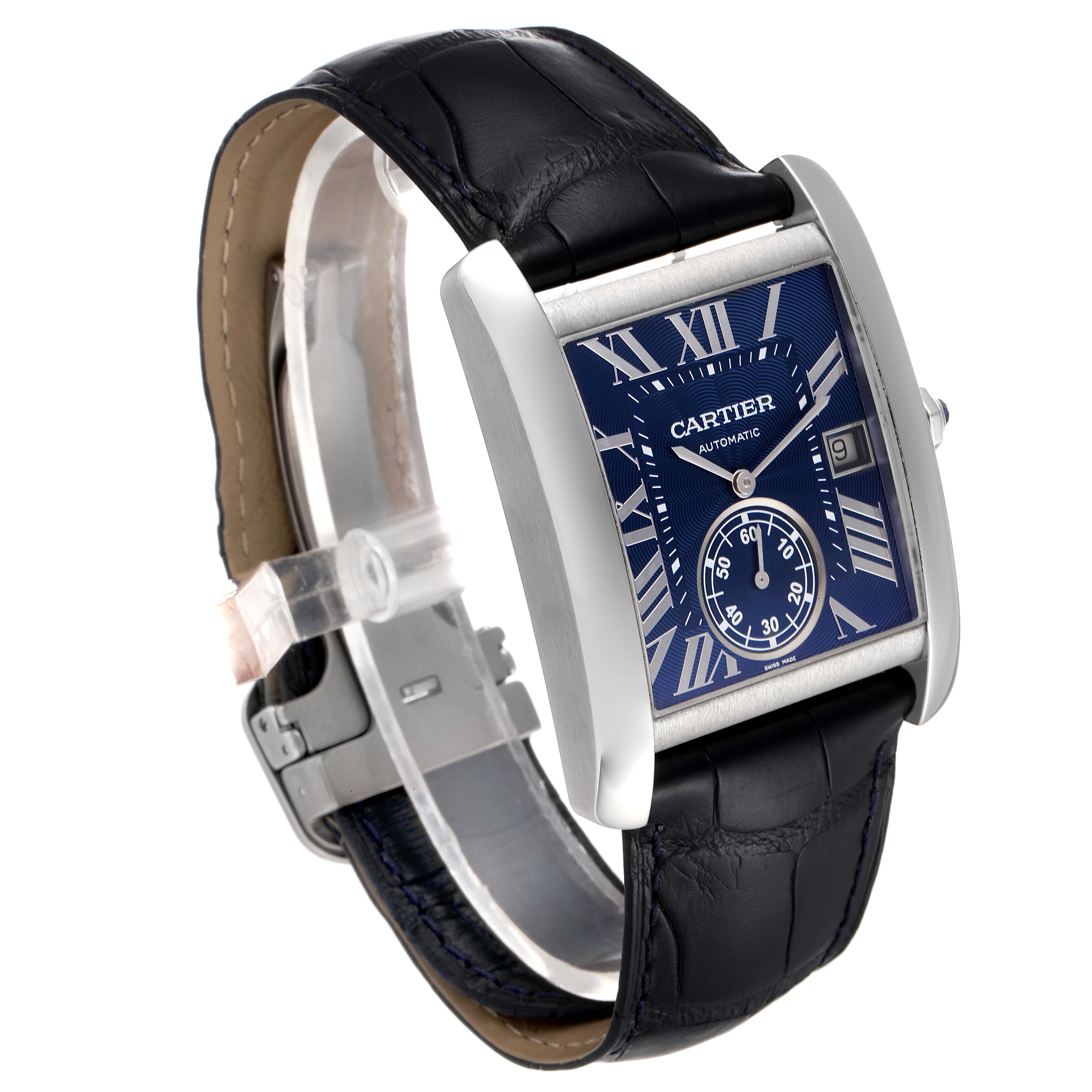 This image shows a Cartier Tank MC WSTA0010 Men's Stainless Steel Blue Dial WSTA0010 Men's Stainless Steel Blue Dial watch, angled to display its face, leather strap, and clasp.