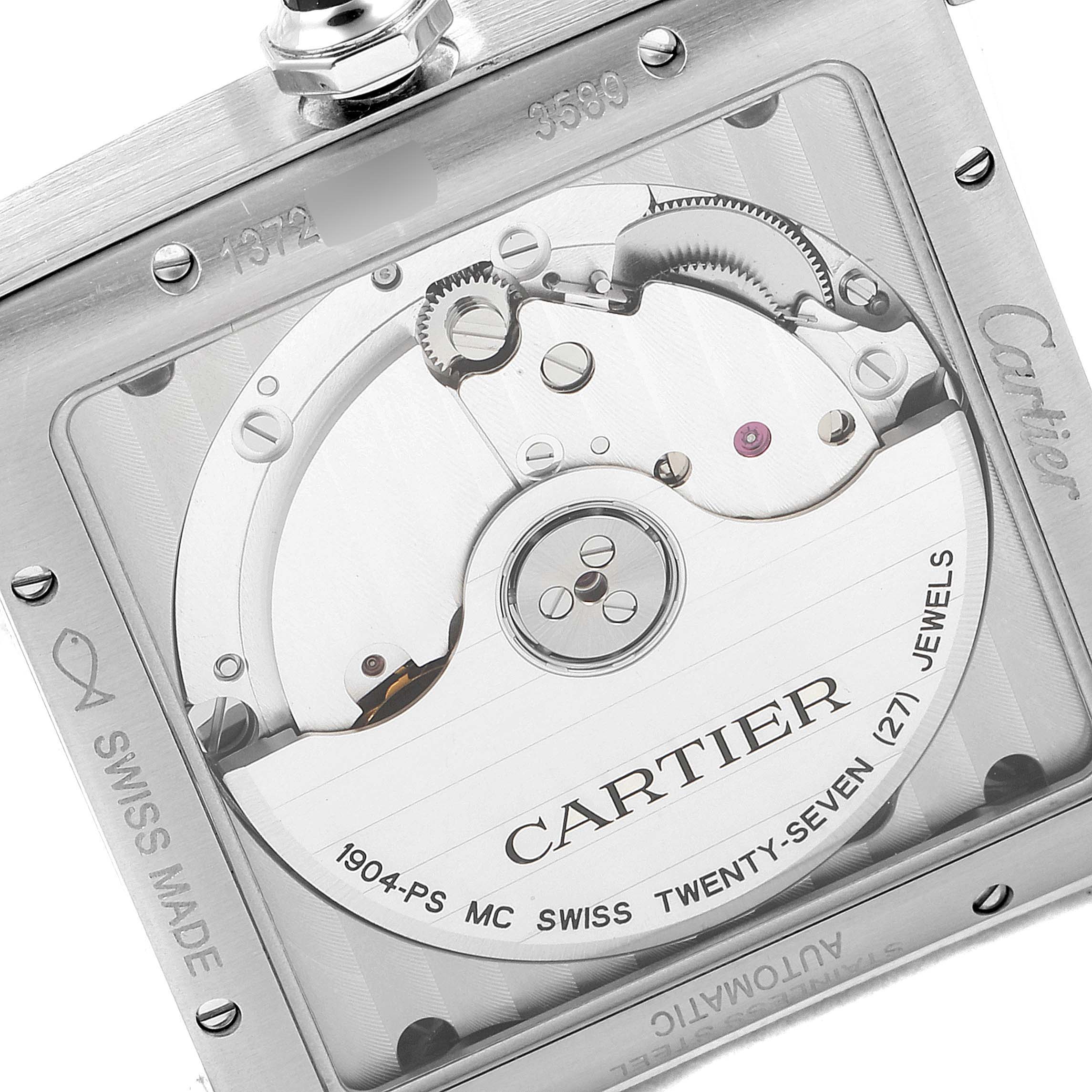 This image shows the back view of the Cartier Tank MC WSTA0010 Men's Stainless Steel Blue Dial WSTA0010 Men's Stainless Steel Blue Dial watch, highlighting the movement and inner mechanism.