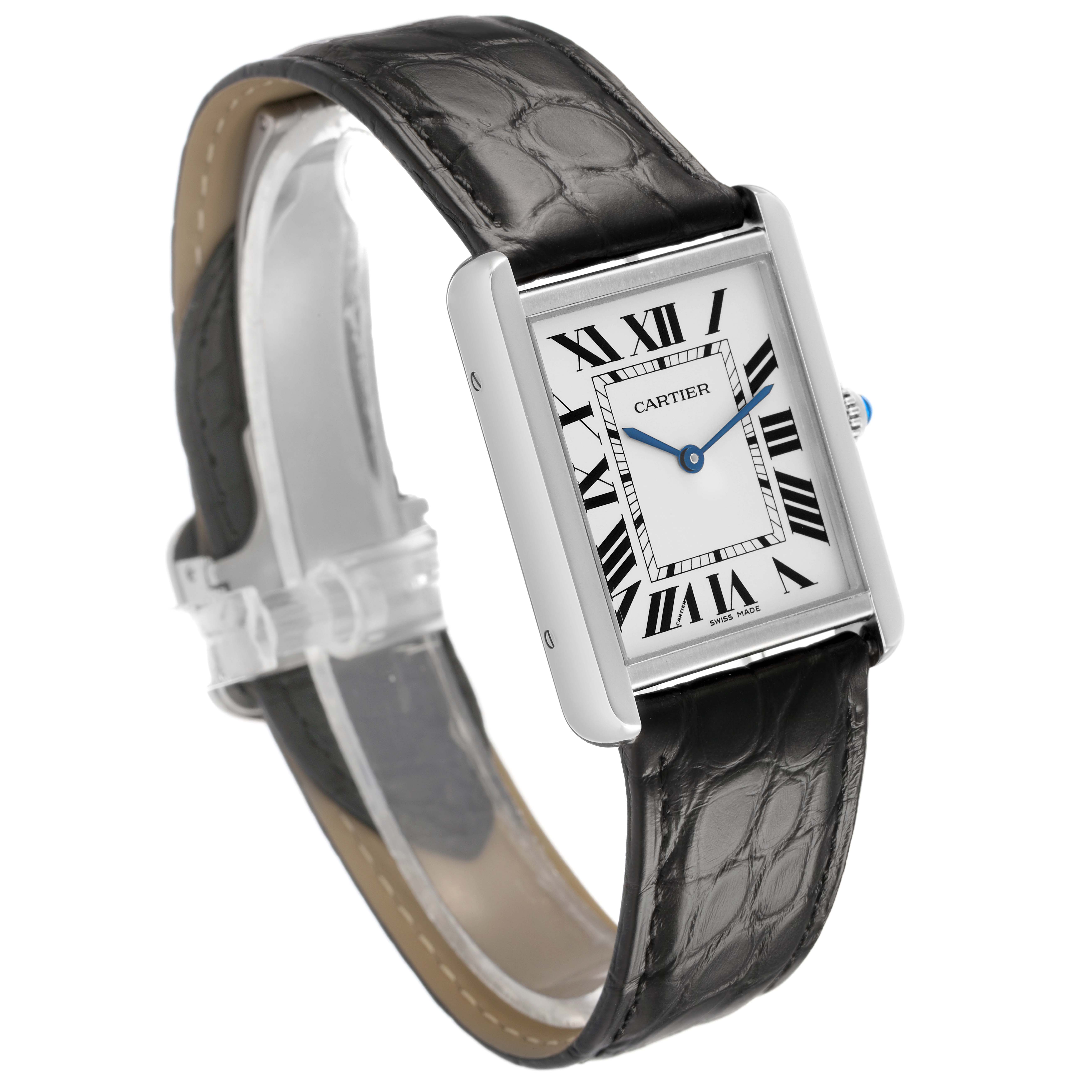 The Cartier Tank Solo WSTA0028 Men's Stainless Steel Silver Dial watch is shown at an angled side view, highlighting its rectangular case and textured black leather strap.