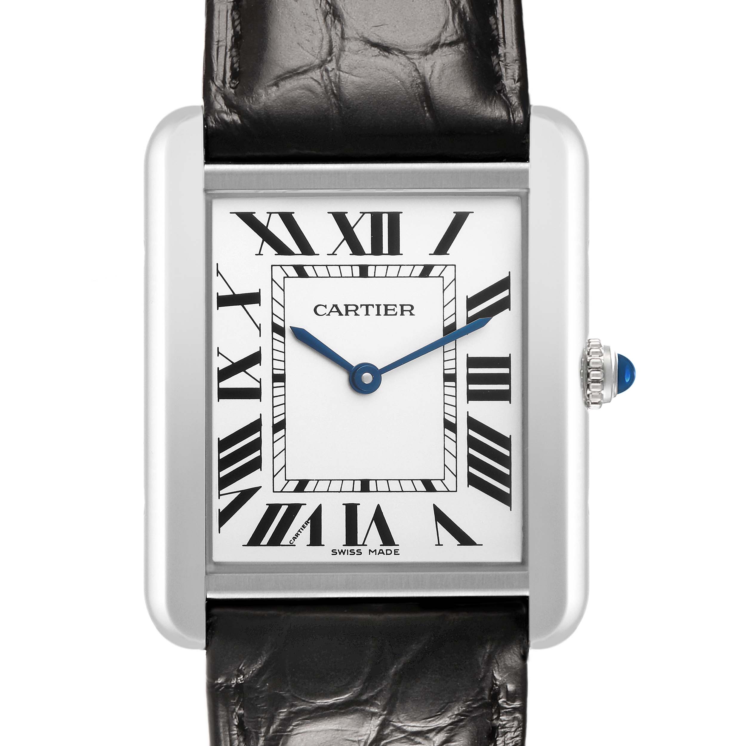 The Cartier Tank Solo WSTA0028 Men's Stainless Steel Silver Dial watch is shown from the front, highlighting its face, Roman numerals, and leather strap.