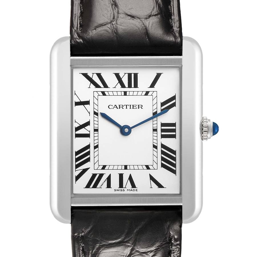 The Cartier Tank Solo WSTA0028 Men's Stainless Steel Silver Dial watch is shown from the front, highlighting its face, Roman numerals, and leather strap.
