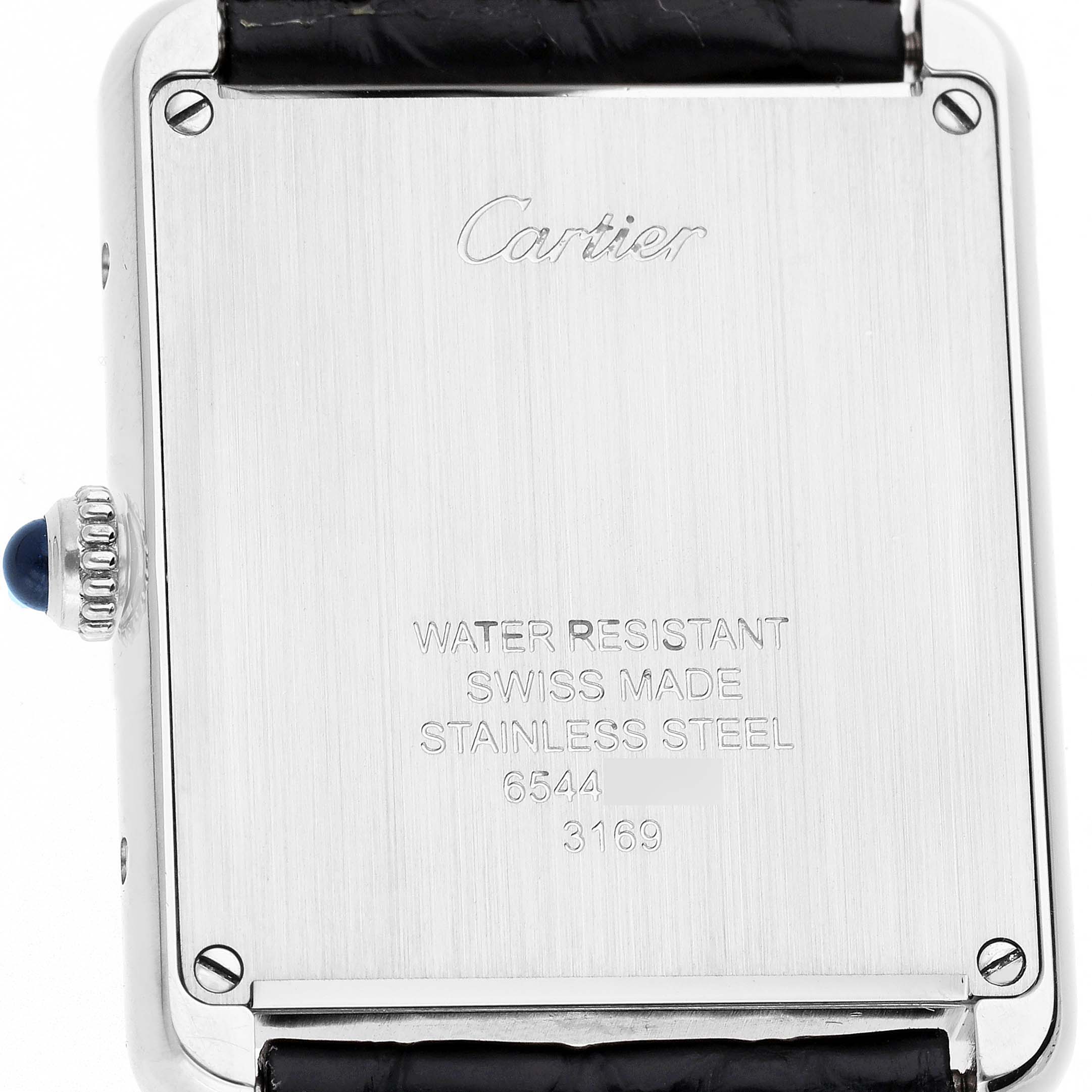 The image shows the back of a Cartier Tank Solo WSTA0028 Men's Stainless Steel Silver Dial watch, detailing its stainless steel case and water-resistant markings.