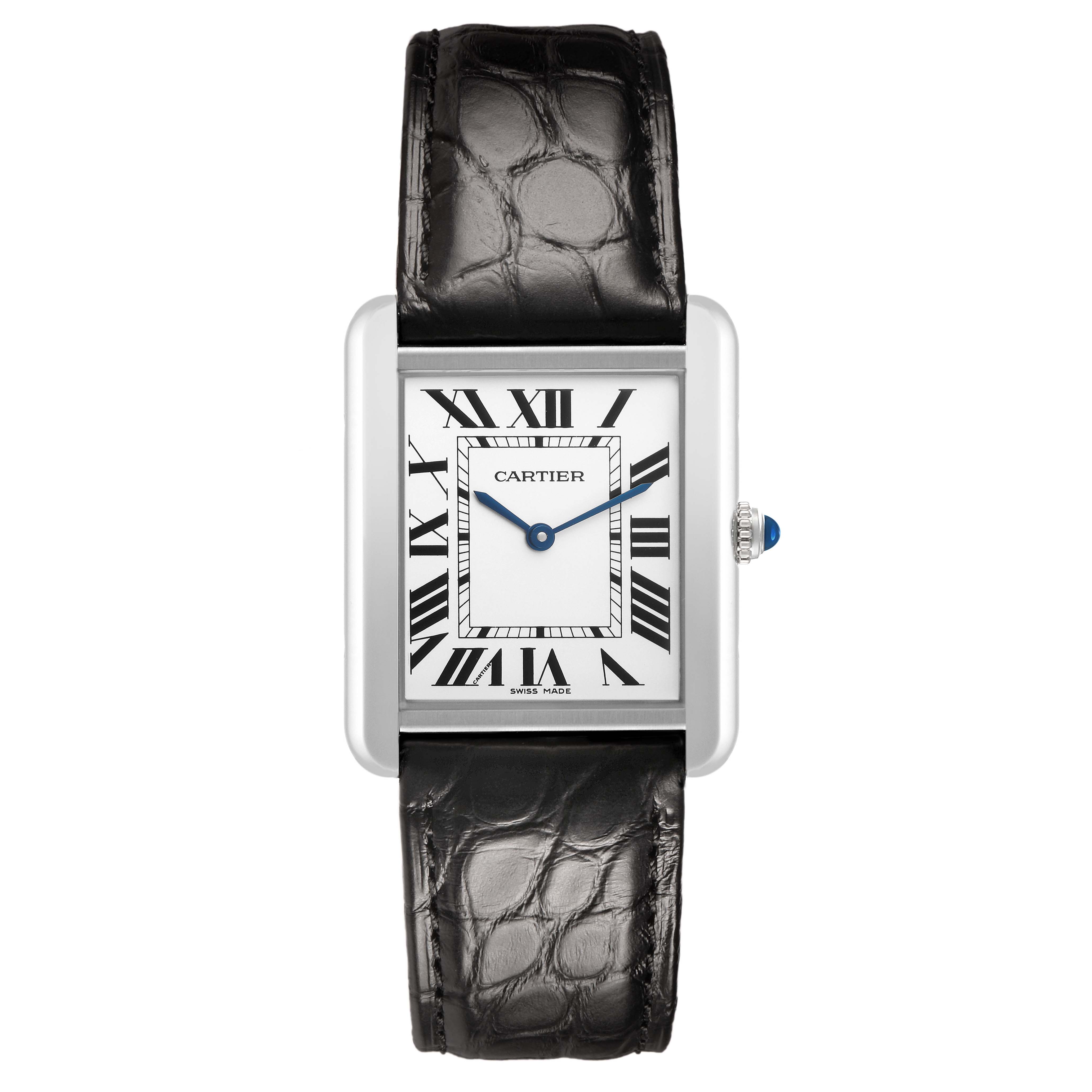 The Cartier Tank Solo WSTA0028 Men's Stainless Steel Silver Dial watch is shown from the front, displaying its face, Roman numerals, and leather strap.
