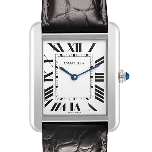 The Cartier Tank Solo WSTA0028 Men's Stainless Steel Silver Dial watch is shown with a front view, highlighting its rectangular face, Roman numerals, and blue hands.