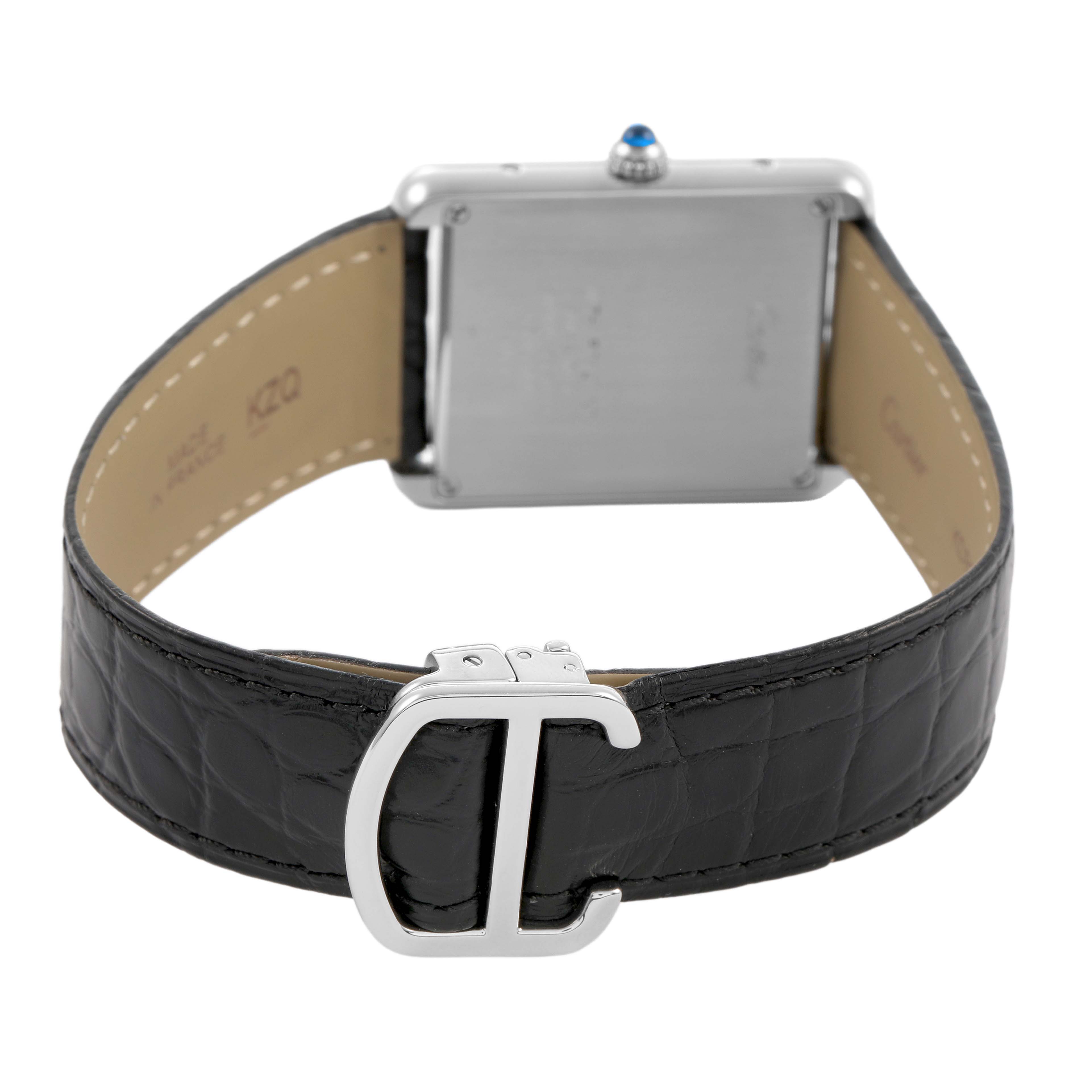 The image shows the back of the Cartier Tank Solo WSTA0028 Men's Stainless Steel Silver Dial watch, highlighting its strap and clasp.