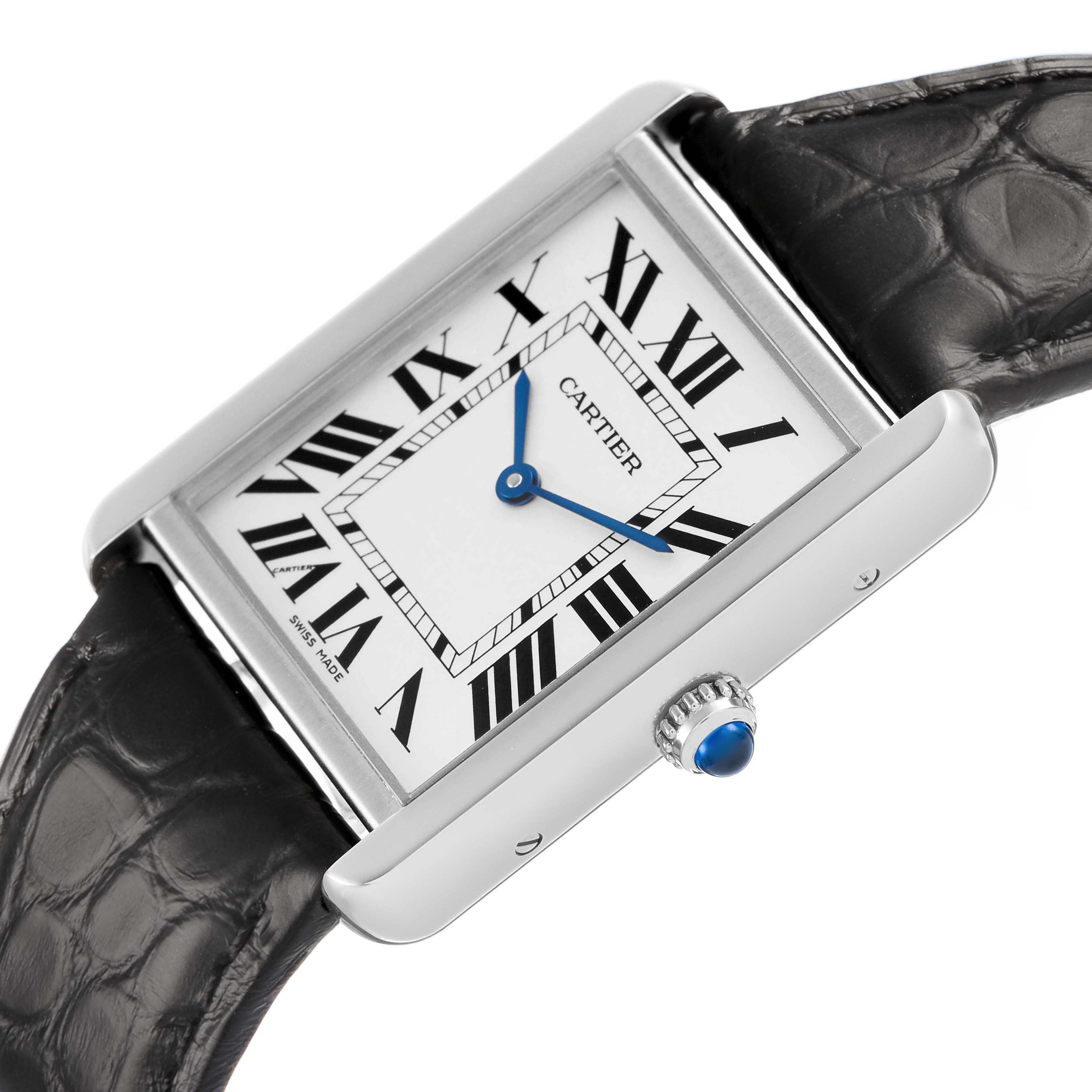The Cartier Tank Solo WSTA0028 Men's Stainless Steel Silver Dial watch is shown at an angled side view, highlighting the dial, crown, and leather strap.
