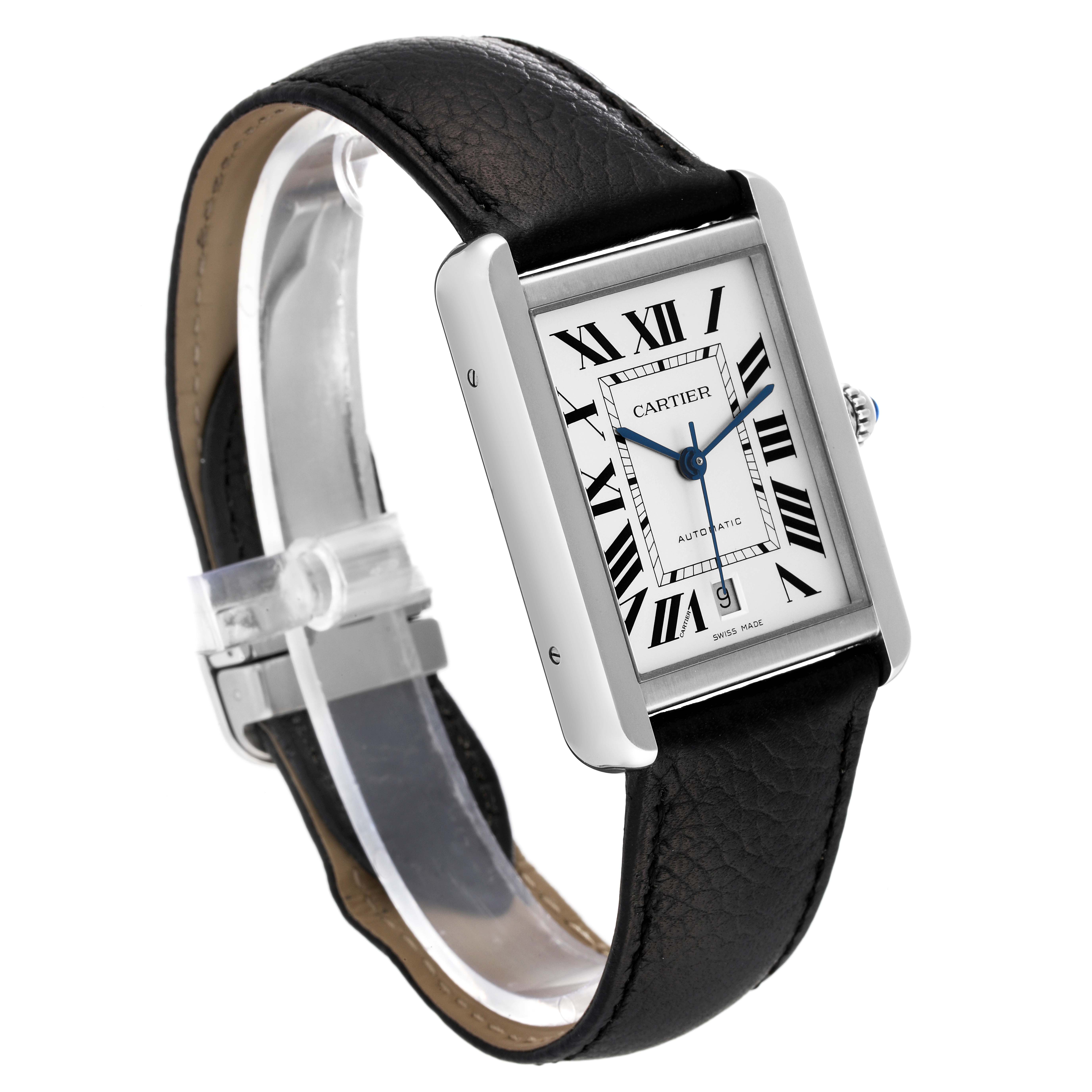The Cartier Tank Solo WSTA0029 Men
s Stainless Steel Silver Dial WSTA0029 Men
s Stainless Steel Silver Dial watch is shown at an angled side view, displaying the face, case, strap, and crown.