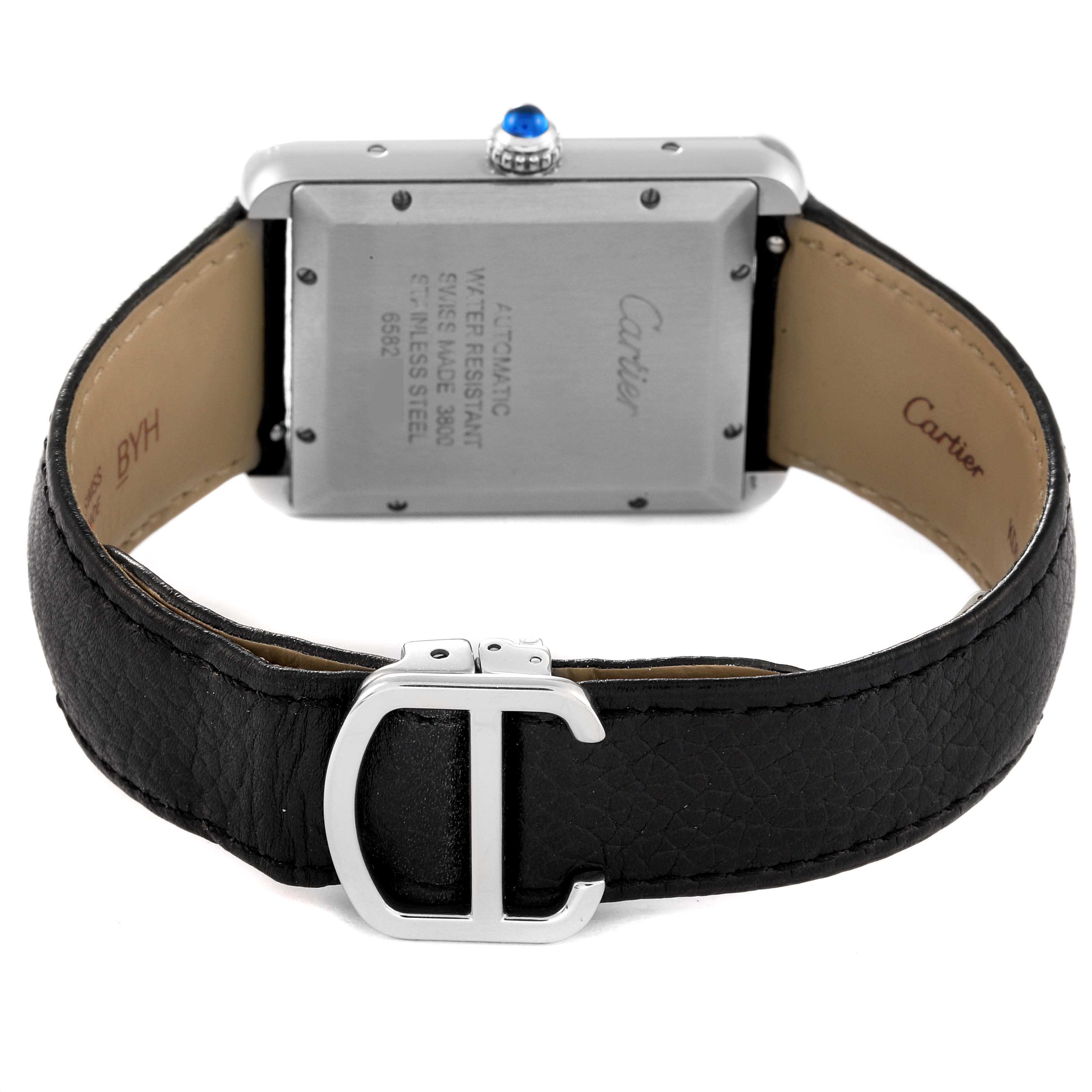 The image shows the back view of a Cartier Tank Solo WSTA0029 Men
s Stainless Steel Silver Dial WSTA0029 Men
s Stainless Steel Silver Dial watch, displaying the case back and leather strap with a Cartier buckle.