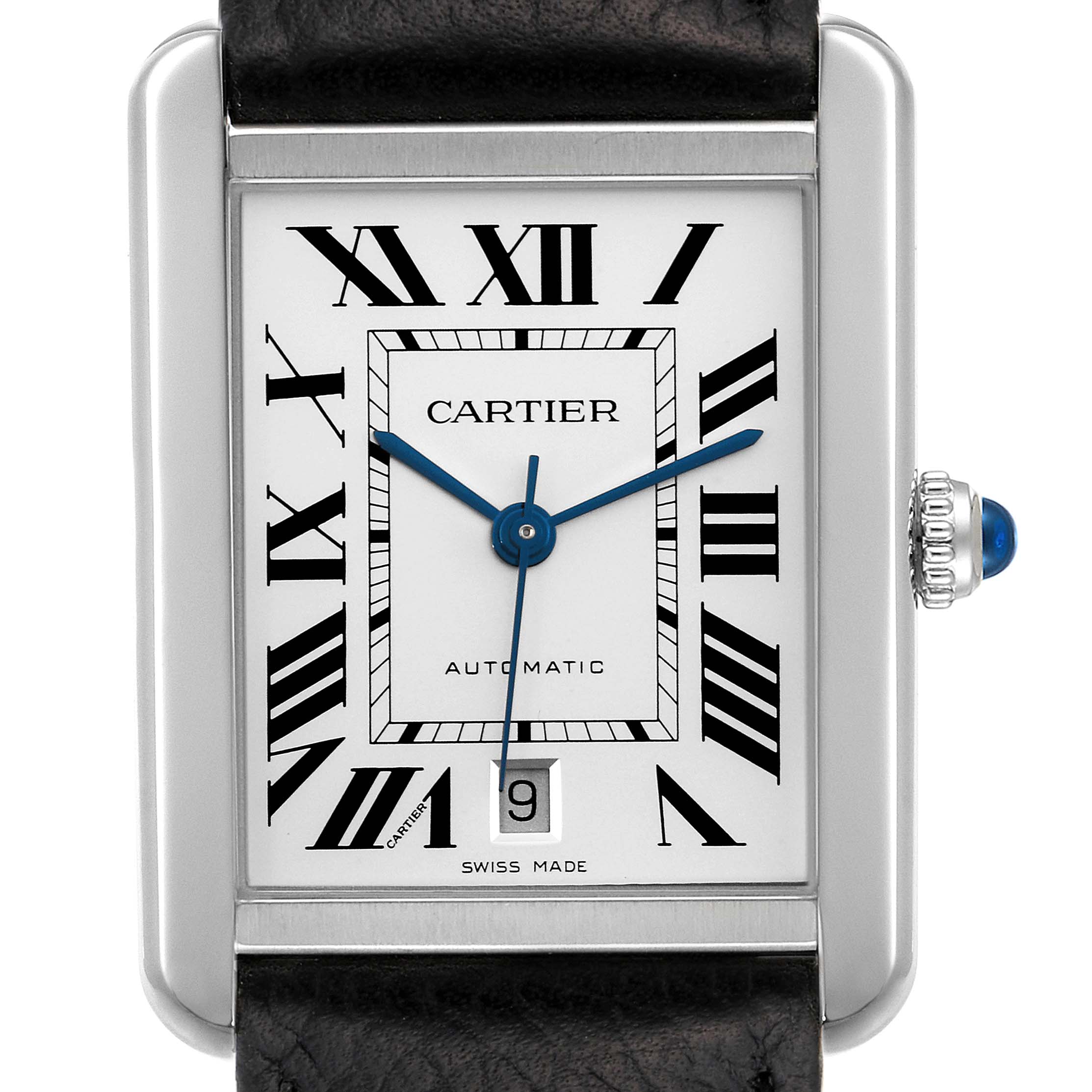 The image shows a straight-on view of the Cartier Tank Solo WSTA0029 Men
s Stainless Steel Silver Dial WSTA0029 Men
s Stainless Steel Silver Dial watch, highlighting the rectangular face, Roman numerals, and blue hands.