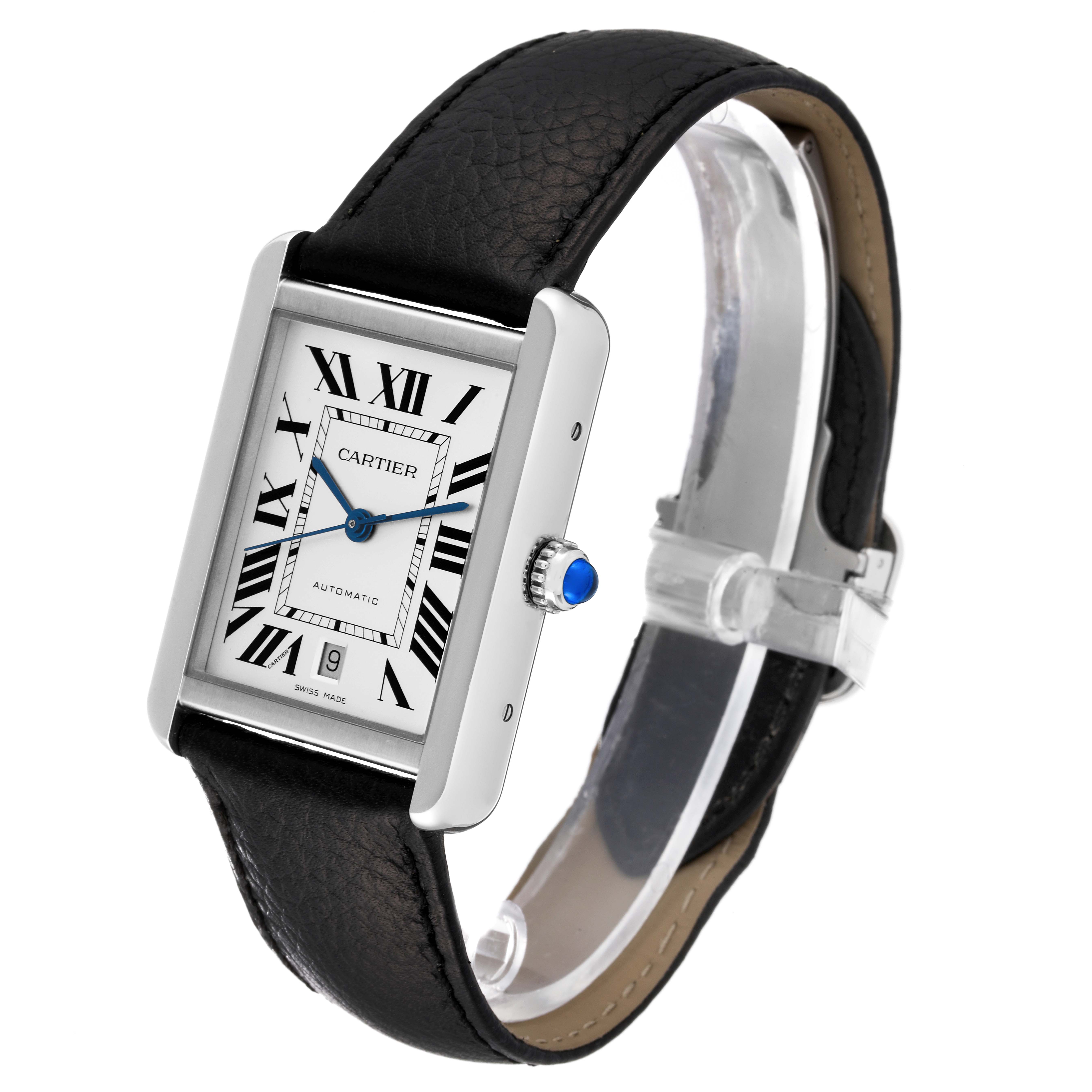 The image shows a Cartier Tank Solo WSTA0029 Men
s Stainless Steel Silver Dial WSTA0029 Men
s Stainless Steel Silver Dial watch from an angled side view, displaying the face, band, and part of the case.