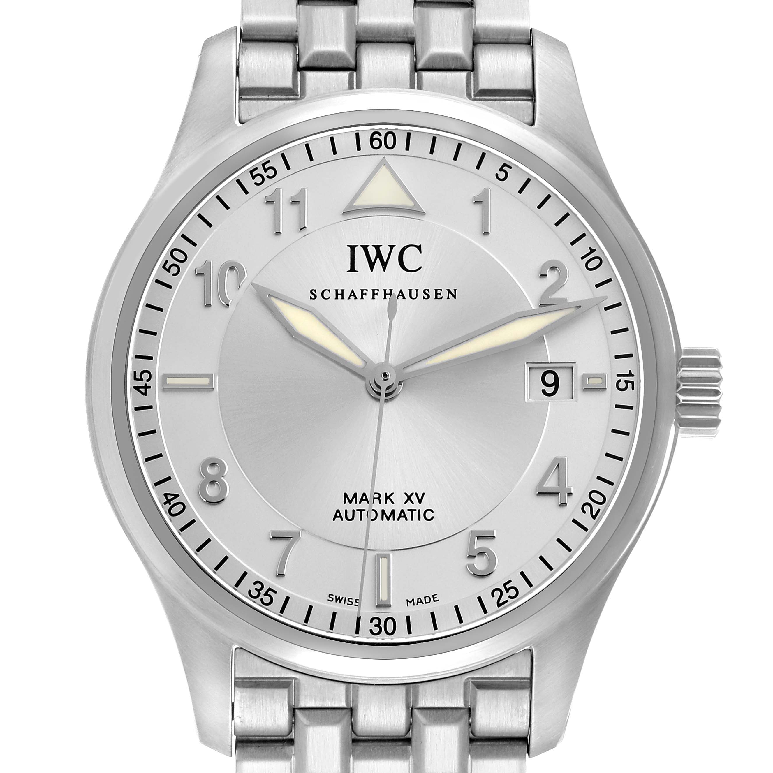 The IWC Pilot IW325505 Men
s Stainless Steel Silver Dial IW325505 Men
s Stainless Steel Silver Dial Mark XV watch is shown from a straight-on angle, highlighting the face, hands, date window, and metal bracelet.