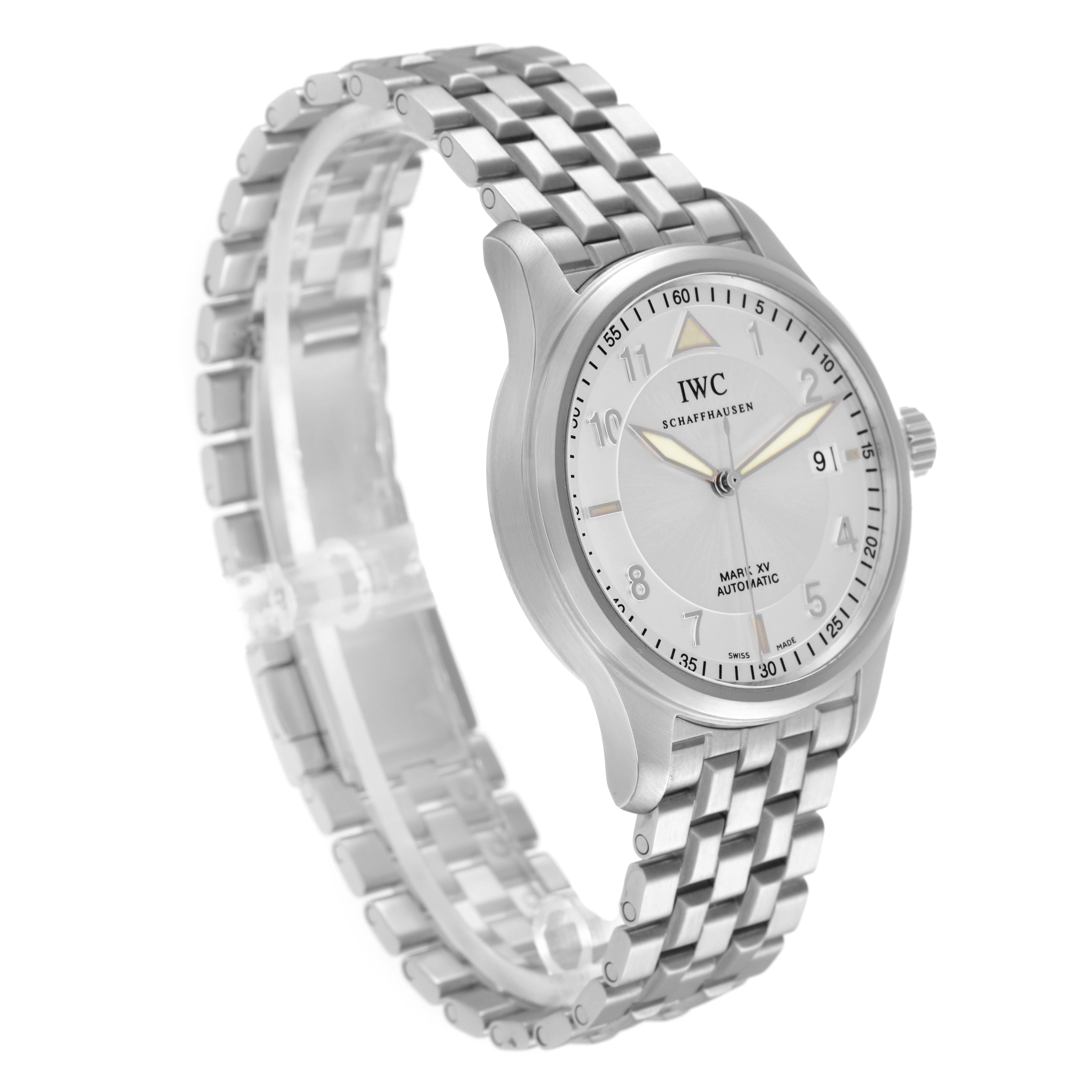 The IWC Pilot IW325505 Men
s Stainless Steel Silver Dial IW325505 Men
s Stainless Steel Silver Dial model watch is shown at a three-quarter angle, highlighting the dial, case, bezel, and metal bracelet.