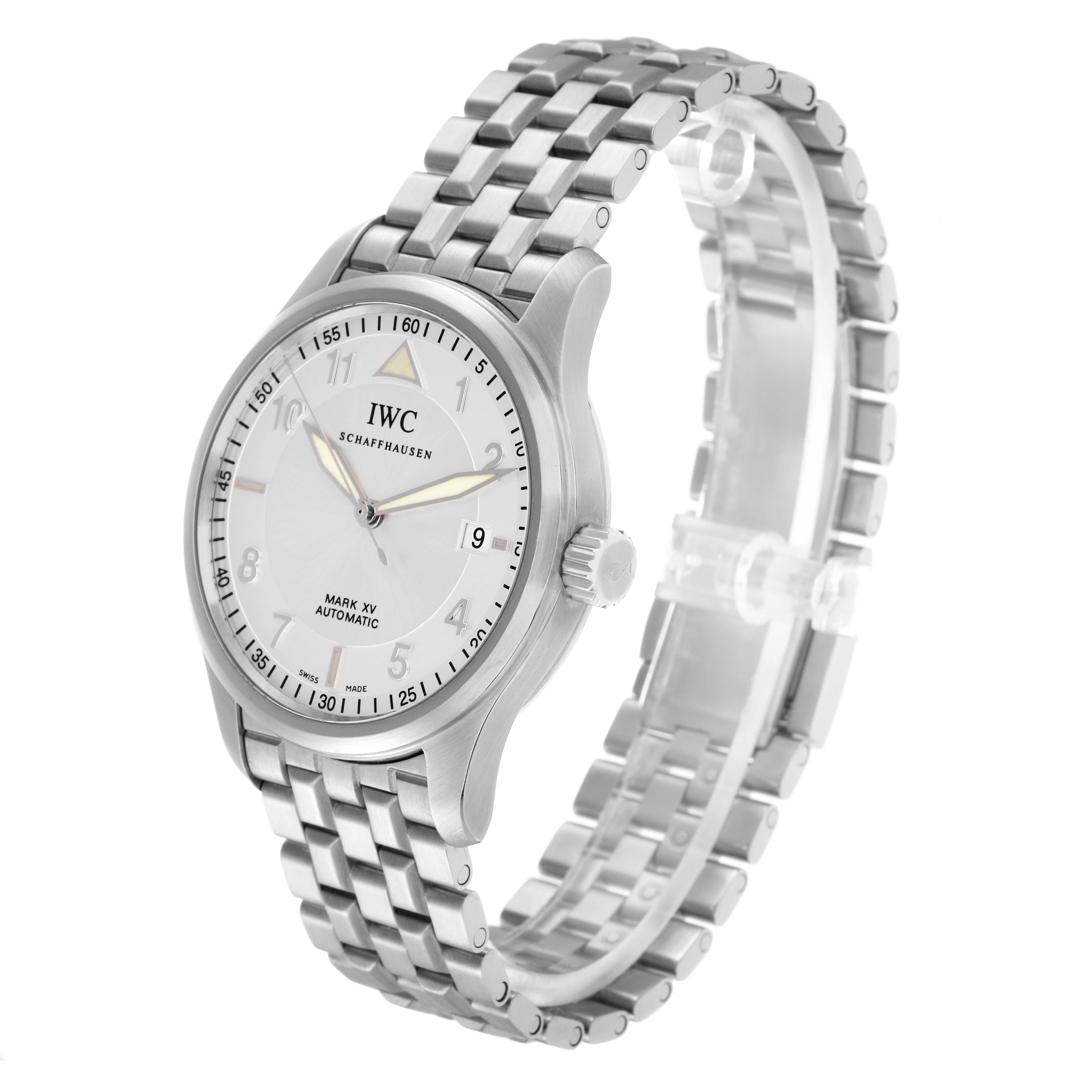 The IWC Pilot IW325505 Men
s Stainless Steel Silver Dial IW325505 Men
s Stainless Steel Silver Dial model watch is shown at a three-quarter angle, displaying the face, bezel, crown, and bracelet.