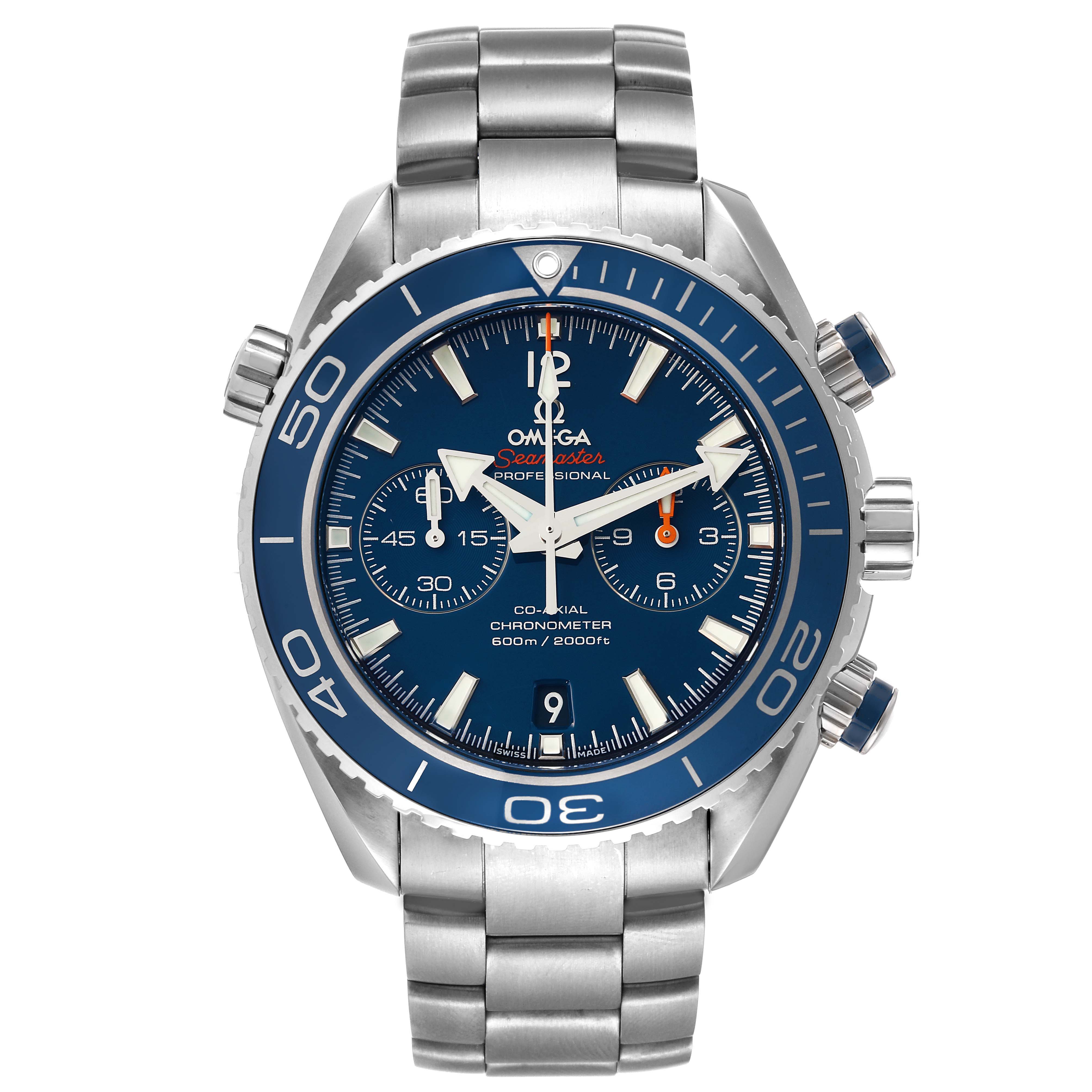 The Omega Planet Ocean 232.90.46.51.03.001 Men
s Titanium Blue Dial 232.90.46.51.03.001 Men
s Titanium Blue Dial watch is shown from the front, highlighting its blue dial, markers, bezel, and metal bracelet.