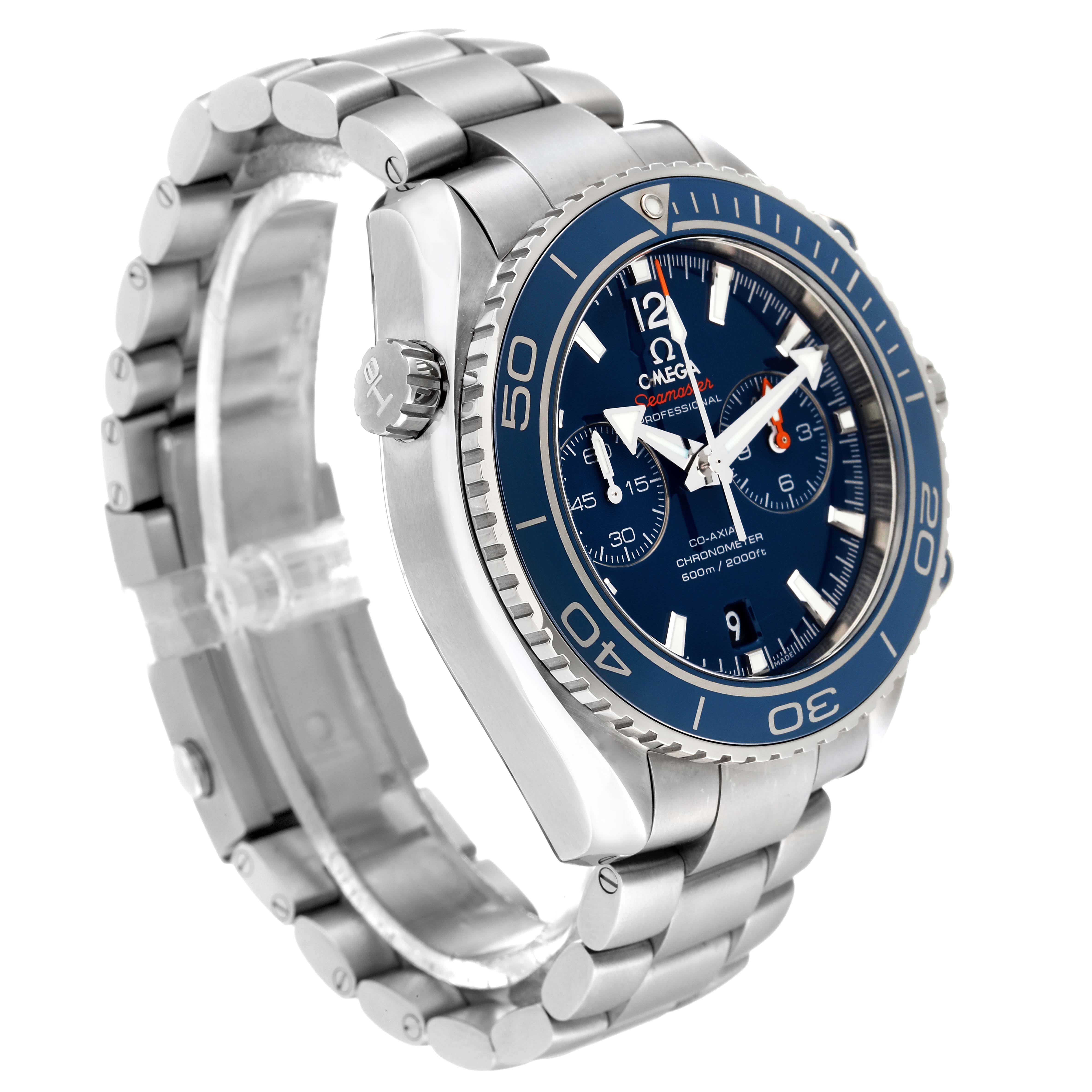 The image shows a side-angle view of the Omega Planet Ocean 232.90.46.51.03.001 Men
s Titanium Blue Dial 232.90.46.51.03.001 Men
s Titanium Blue Dial watch, displaying its dial, bezel, and bracelet.