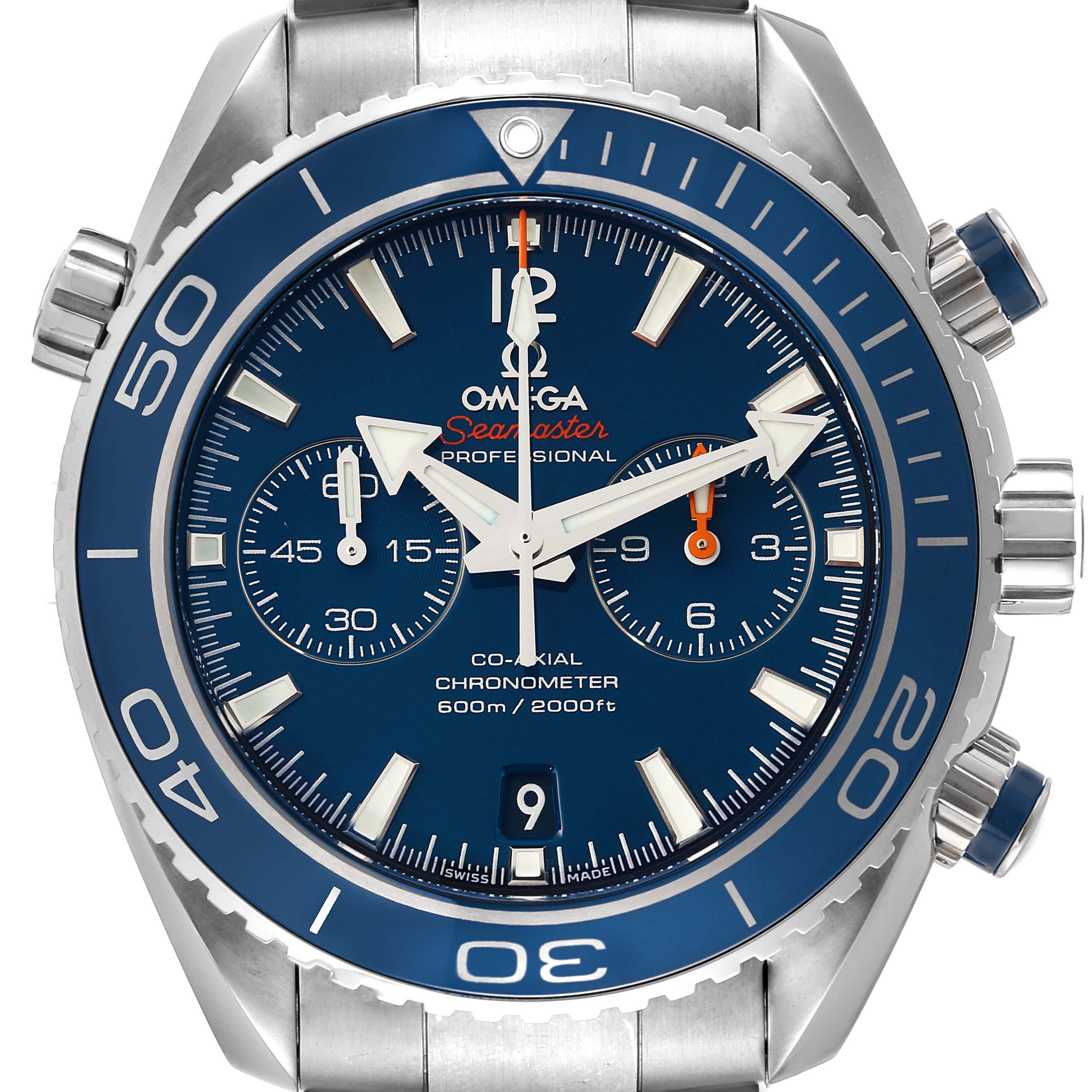 This image shows a front view of the Omega Planet Ocean 232.90.46.51.03.001 Men
s Titanium Blue Dial 232.90.46.51.03.001 Men
s Titanium Blue Dial model, highlighting the dial, bezel, and chronograph buttons.