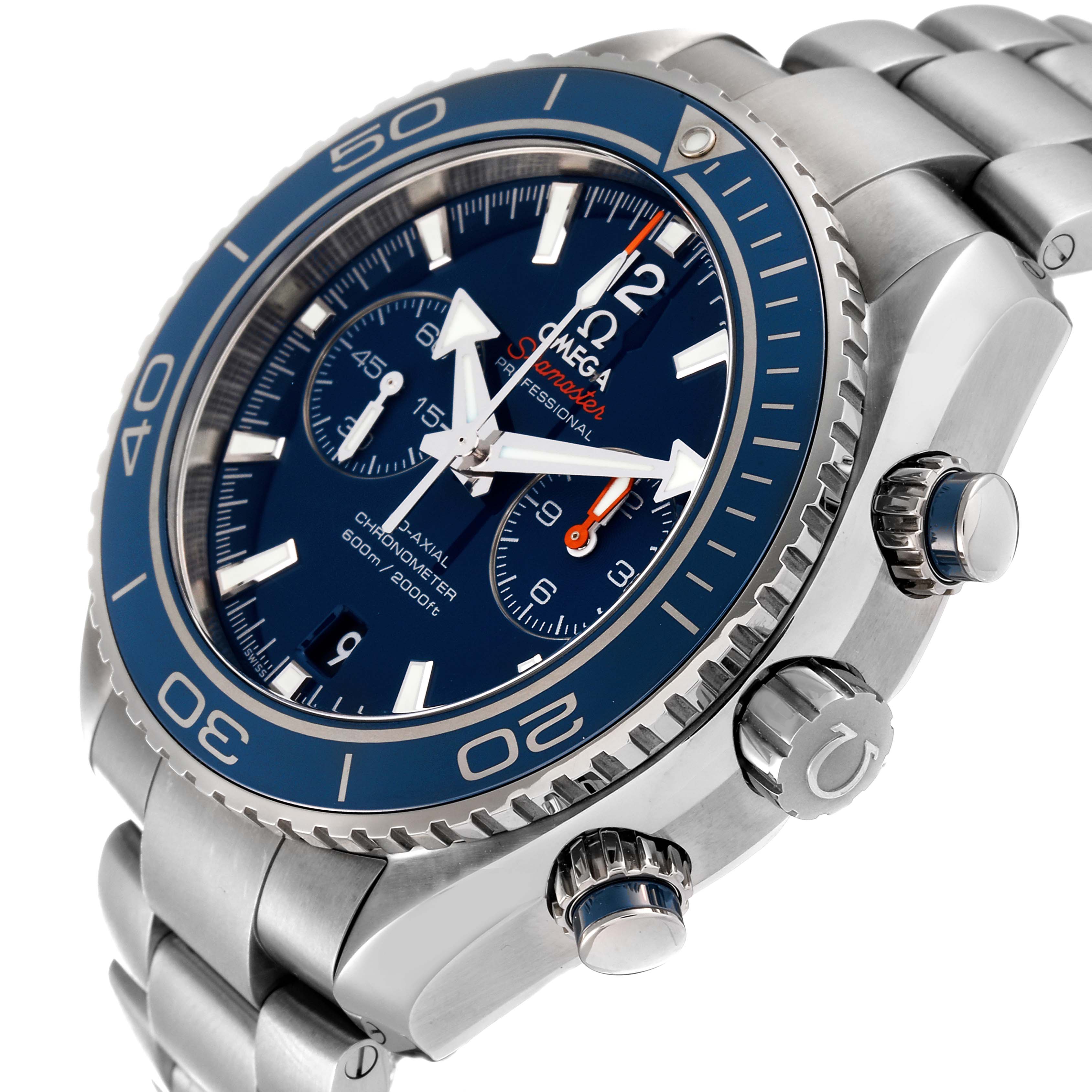 The image shows an angled side view of the Omega Planet Ocean 232.90.46.51.03.001 Men
s Titanium Blue Dial 232.90.46.51.03.001 Men
s Titanium Blue Dial watch, highlighting the bezel, crown, and bracelet.