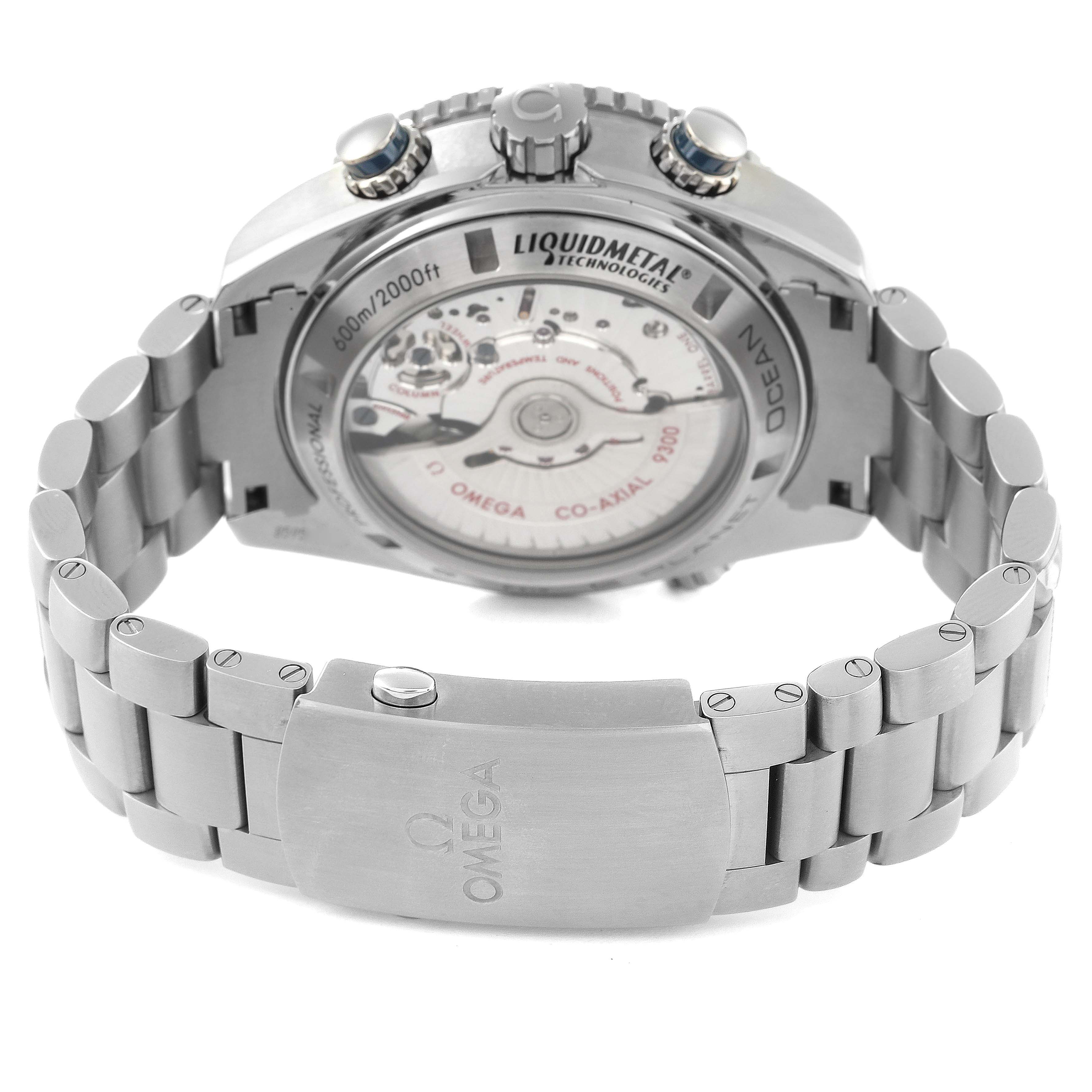 The image shows the back view of the Omega Planet Ocean 232.90.46.51.03.001 Men
s Titanium Blue Dial 232.90.46.51.03.001 Men
s Titanium Blue Dial watch, highlighting the movement and metal bracelet.