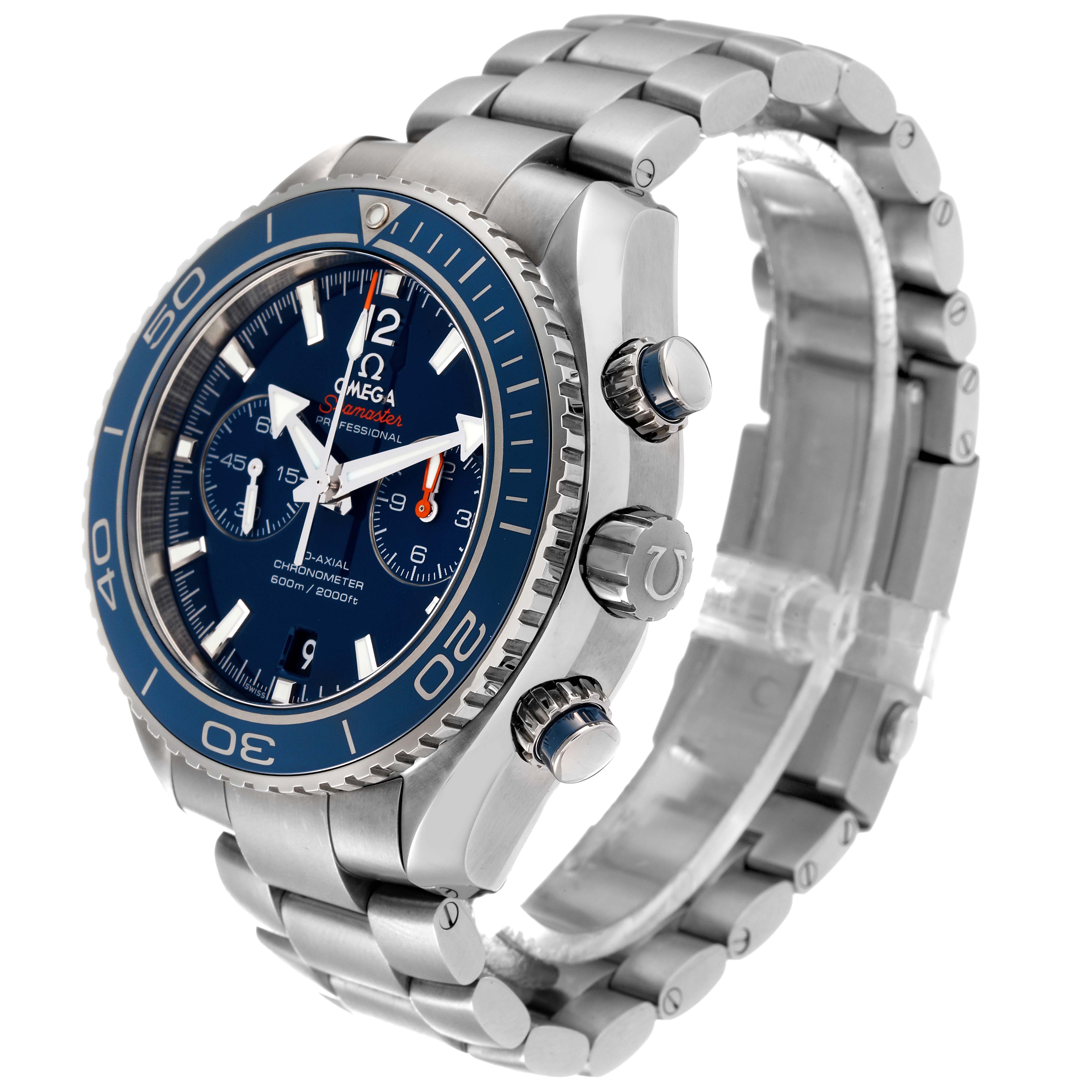 This image shows a side and partial front angle of the Omega Planet Ocean 232.90.46.51.03.001 Men
s Titanium Blue Dial 232.90.46.51.03.001 Men
s Titanium Blue Dial watch, highlighting its case, bracelet, and crown.