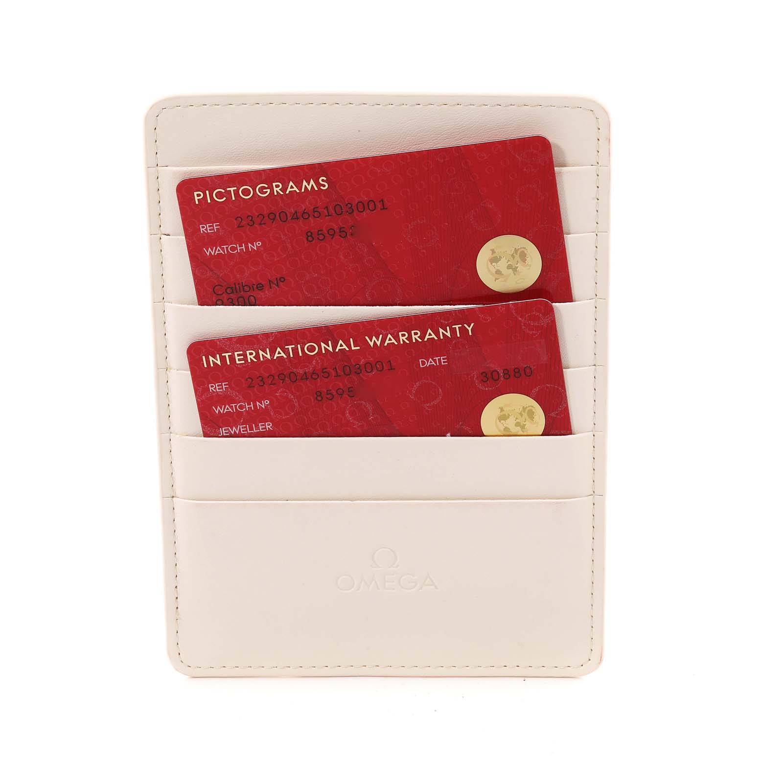 The image shows Omega Planet Ocean 232.90.46.51.03.001 Men
s Titanium Blue Dial 232.90.46.51.03.001 Men
s Titanium Blue Dial model warranty card holder with warranty and pictogram cards.