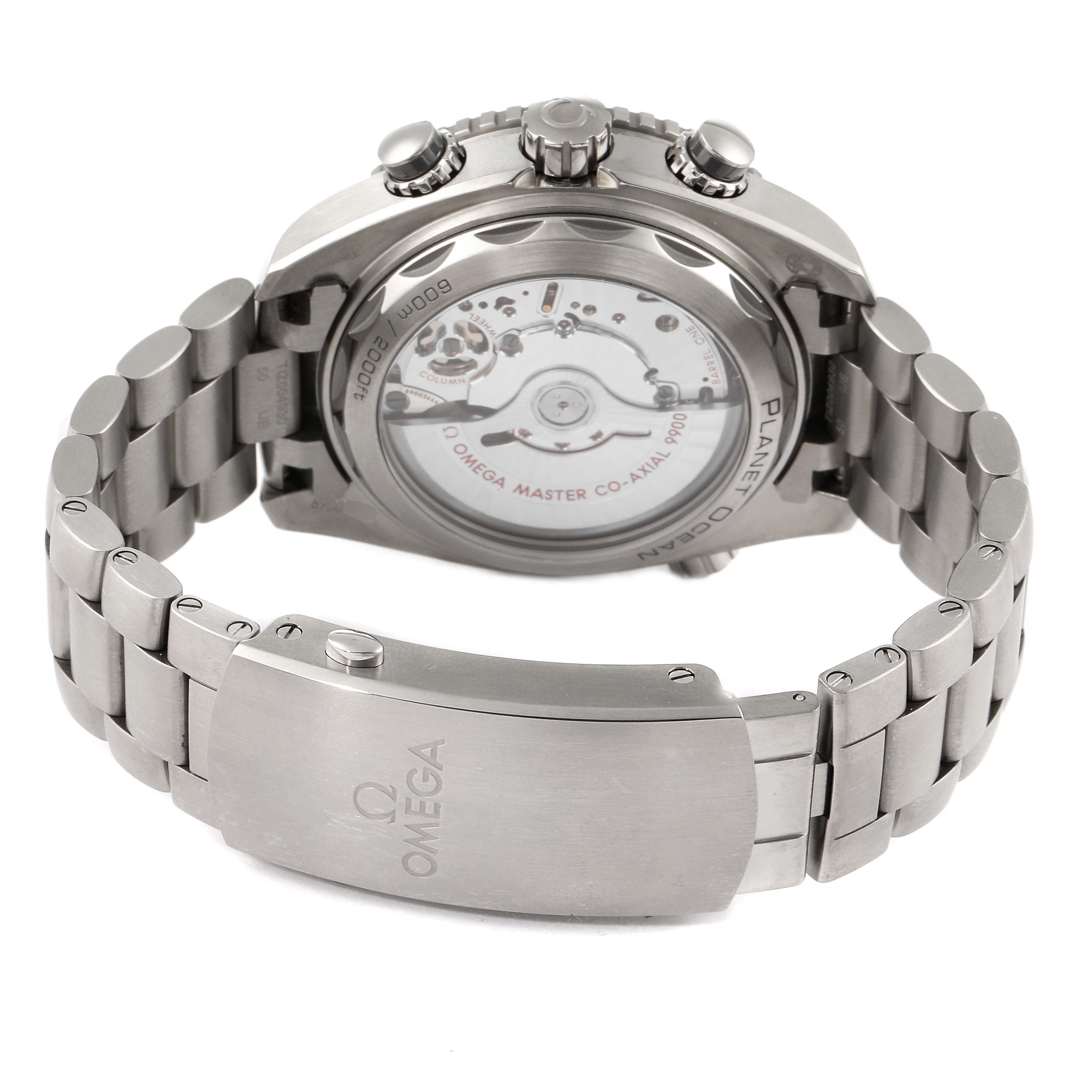 This image shows the back and bracelet of the Omega Planet Ocean 215.90.46.51.99.001 Men's Titanium Grey Dial 215.90.46.51.99.001 Men's Titanium Grey Dial watch, highlighting the case back and the clasp.
