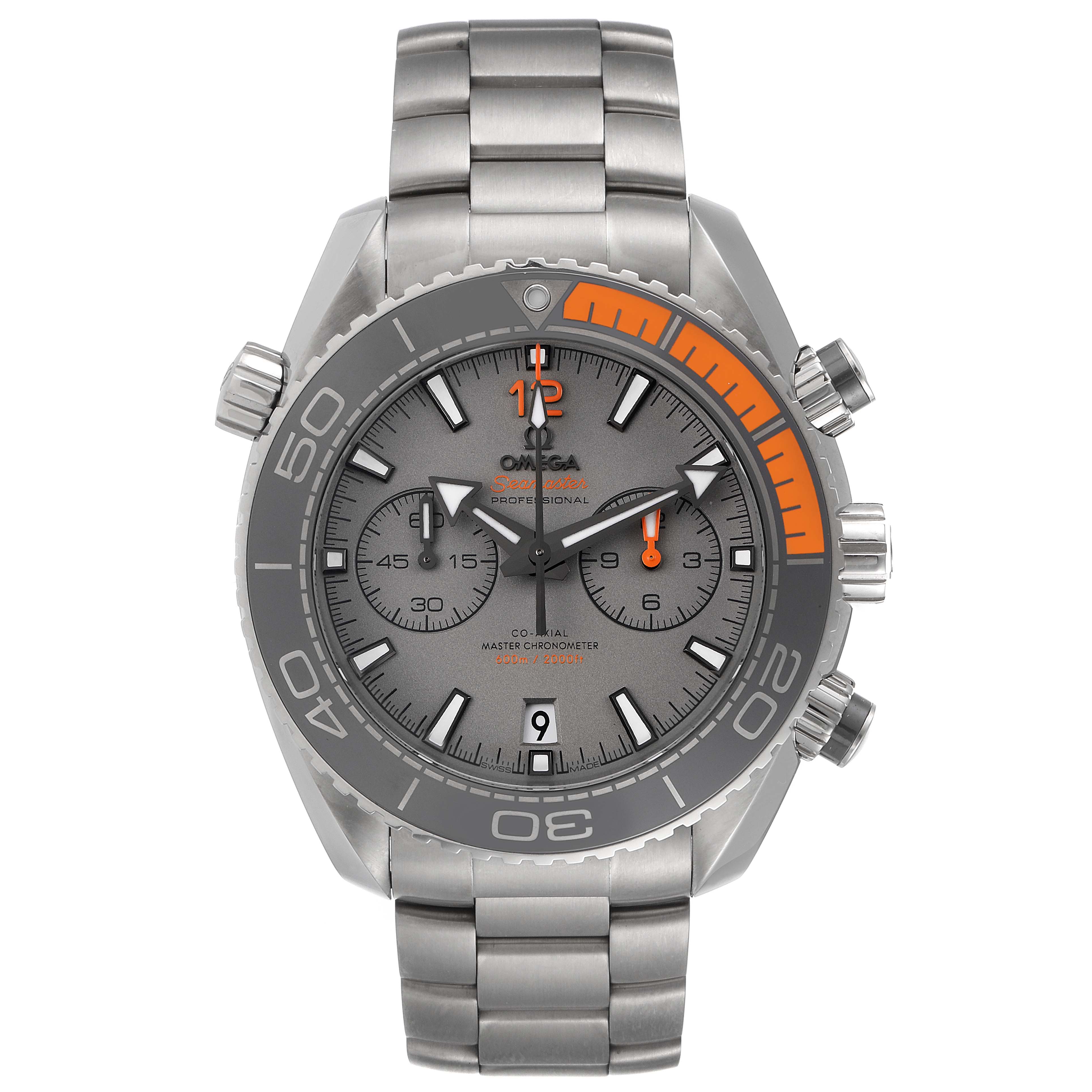 The image shows a front view of an Omega Planet Ocean 215.90.46.51.99.001 Men's Titanium Grey Dial 215.90.46.51.99.001 Men's Titanium Grey Dial watch featuring a metal bracelet, chronograph functions, and an orange-accented bezel.