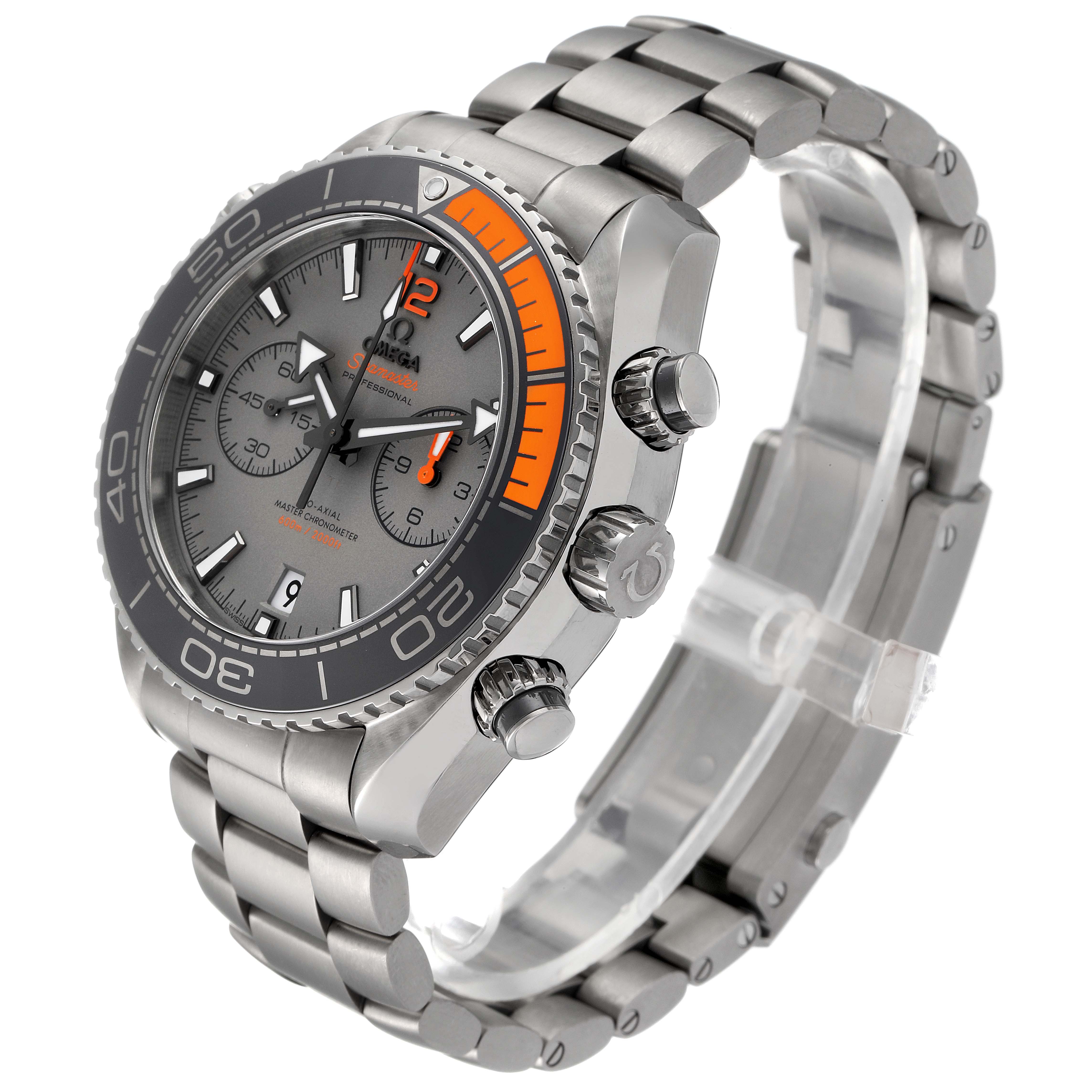 This image shows an angled view of the Omega Planet Ocean 215.90.46.51.99.001 Men's Titanium Grey Dial 215.90.46.51.99.001 Men's Titanium Grey Dial watch, highlighting its bezel, dial, pushers, crown, and metal bracelet.