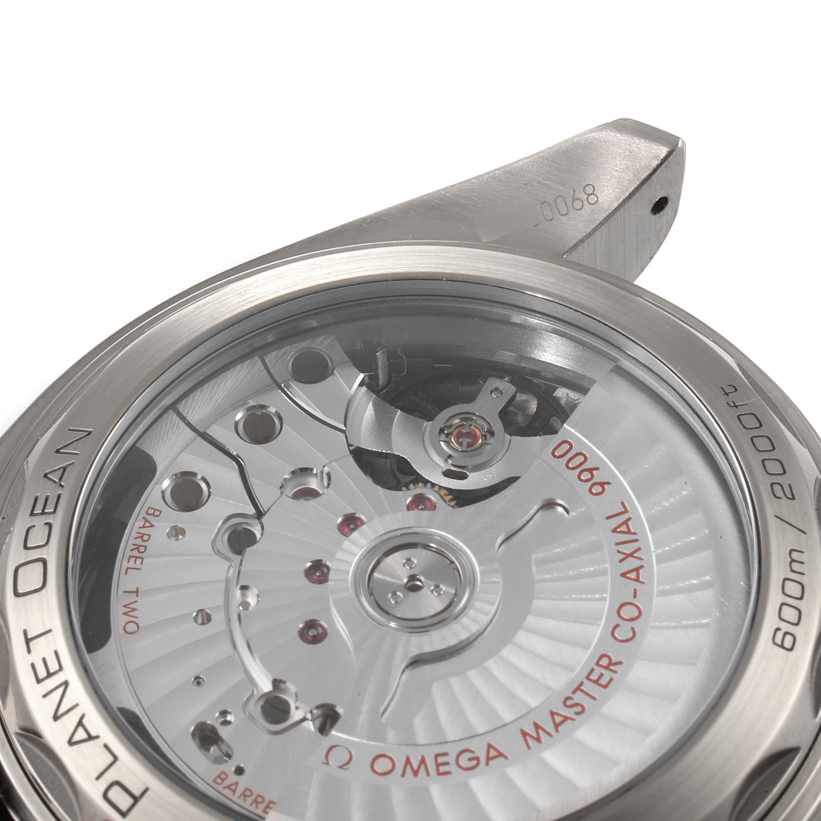 This image shows the back of the Omega Planet Ocean 215.90.46.51.99.001 Men's Titanium Grey Dial 215.90.46.51.99.001 Men's Titanium Grey Dial watch, highlighting the movement and inner mechanics.