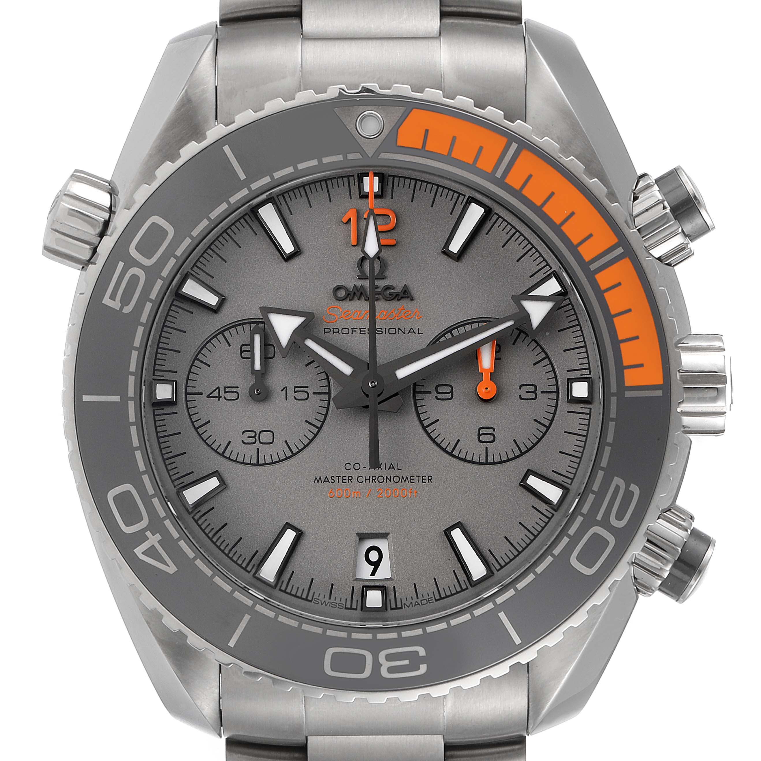 The image shows a close-up of the Omega Planet Ocean 215.90.46.51.99.001 Men's Titanium Grey Dial 215.90.46.51.99.001 Men's Titanium Grey Dial watch face, bezel, and crown, including its time markers and chronograph dials.